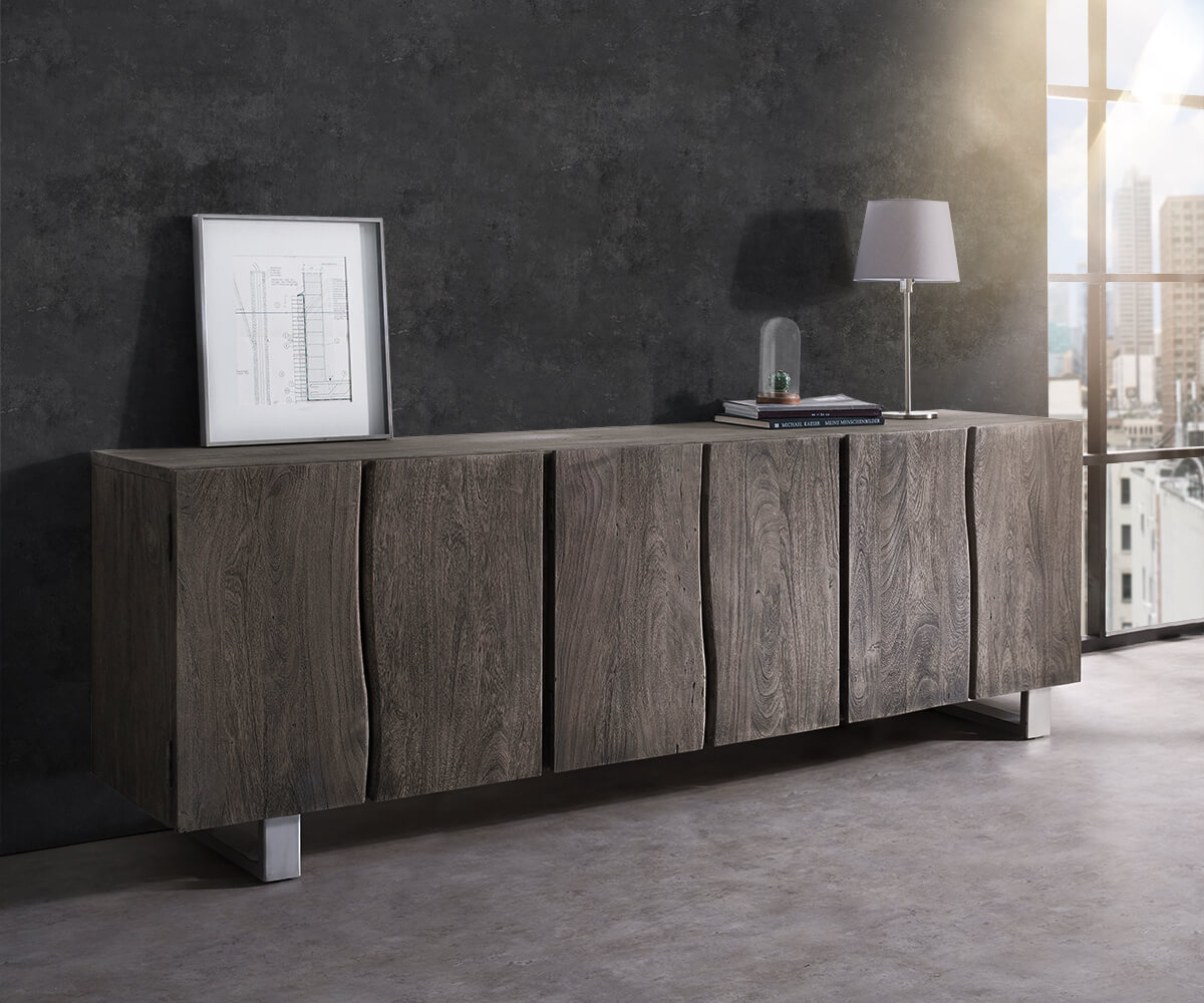 Sideboard Live-Edge 220 cm Akazie Platin massiv 6 Türen