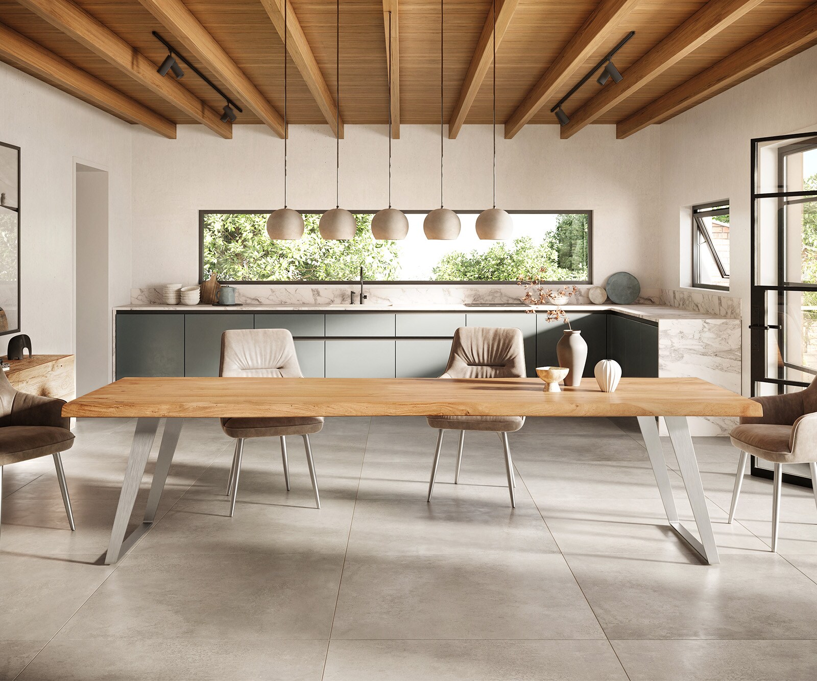 Esstisch Edge 300x100cm XL Akazie Natur Edelstahl Silber schräg Live-Edge 1