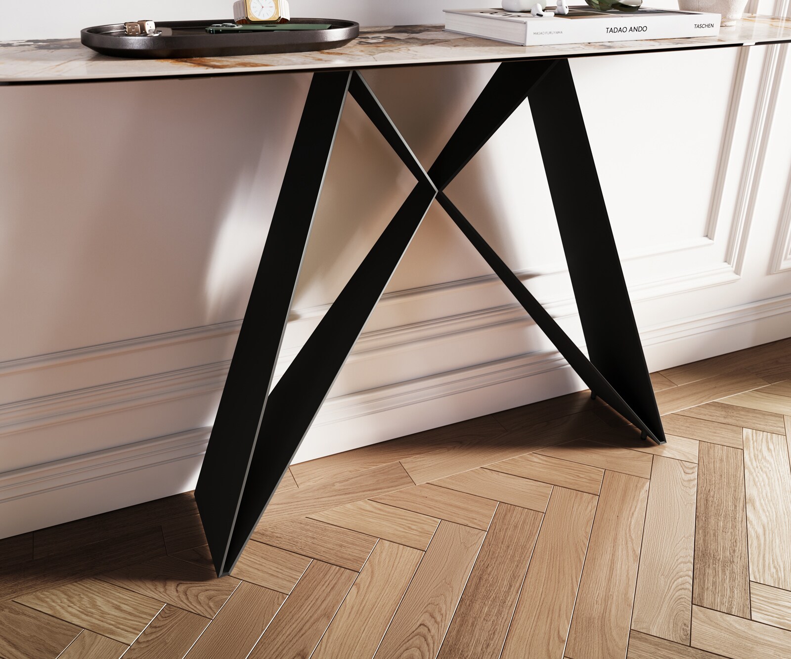 Konsolentisch Edge Boot 140x40 cm Keramik Patagonia Poliert Velio Metall Schwarz 6
