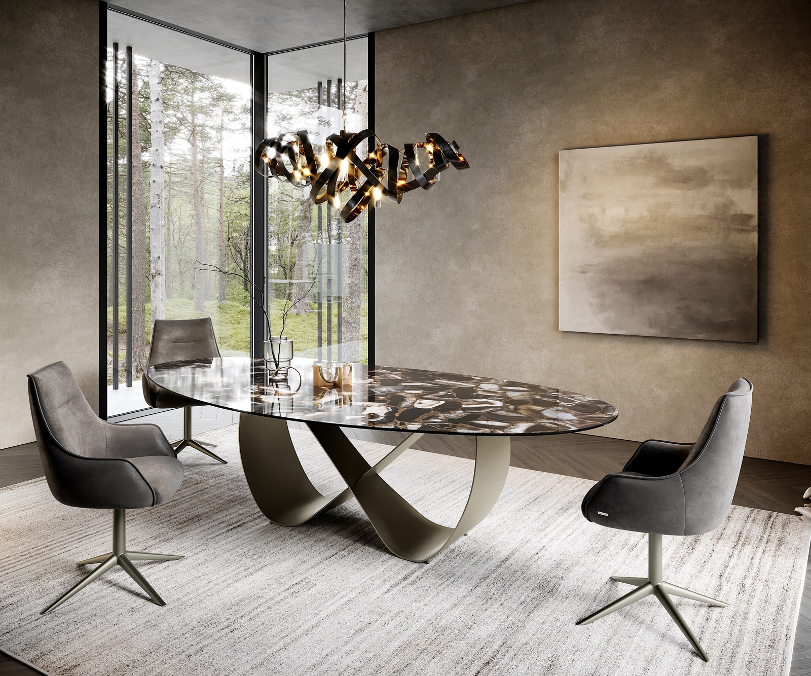 Esstisch Edge Oval 280x130 cm Keramik Iris FMG Agatablack Infinity Metall Effektfinish Titan 6