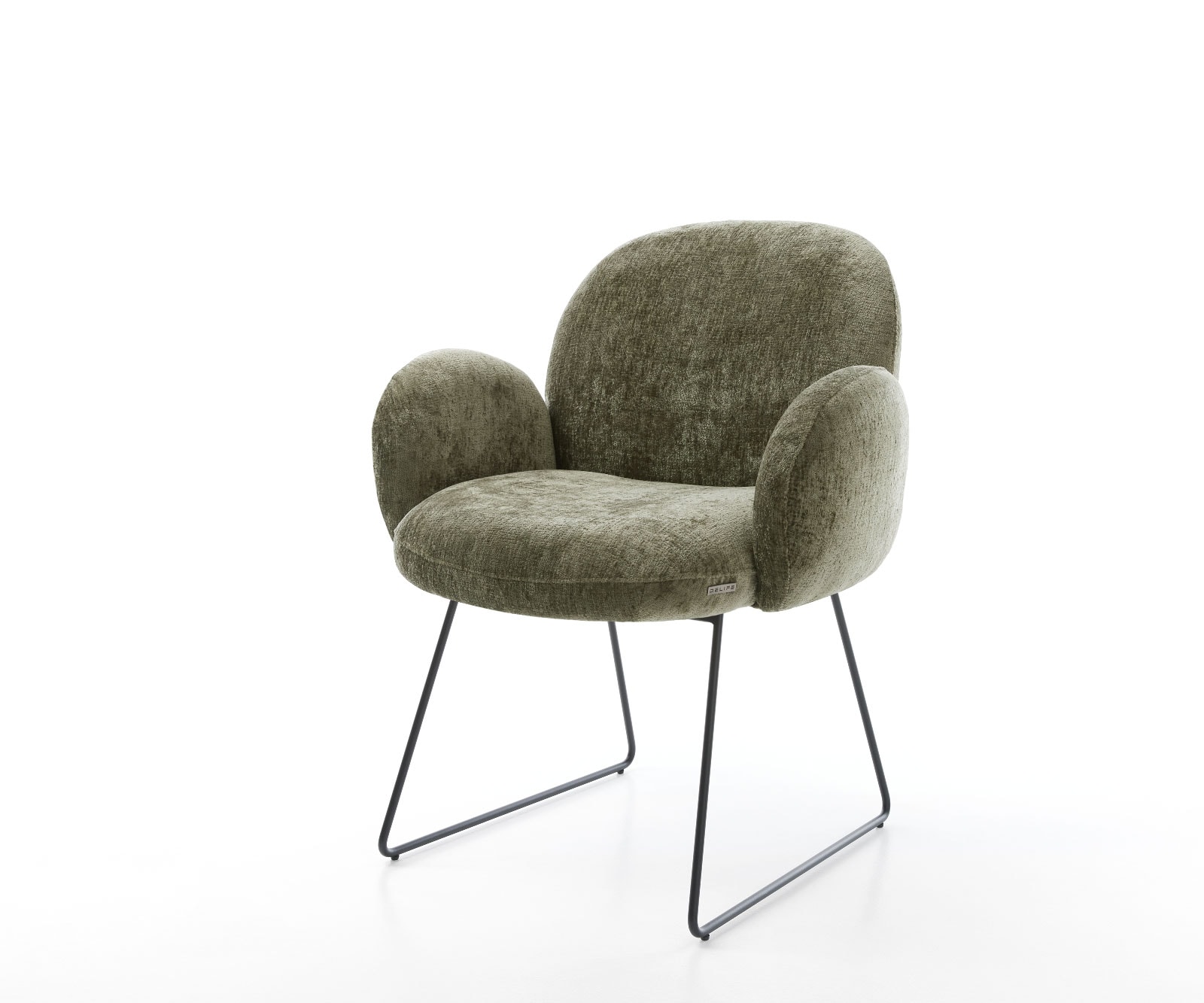 Esszimmerstuhl Nube-Flex mit Armlehnen Chenille Olive Kufengestell Schwarz Taschenfederkern