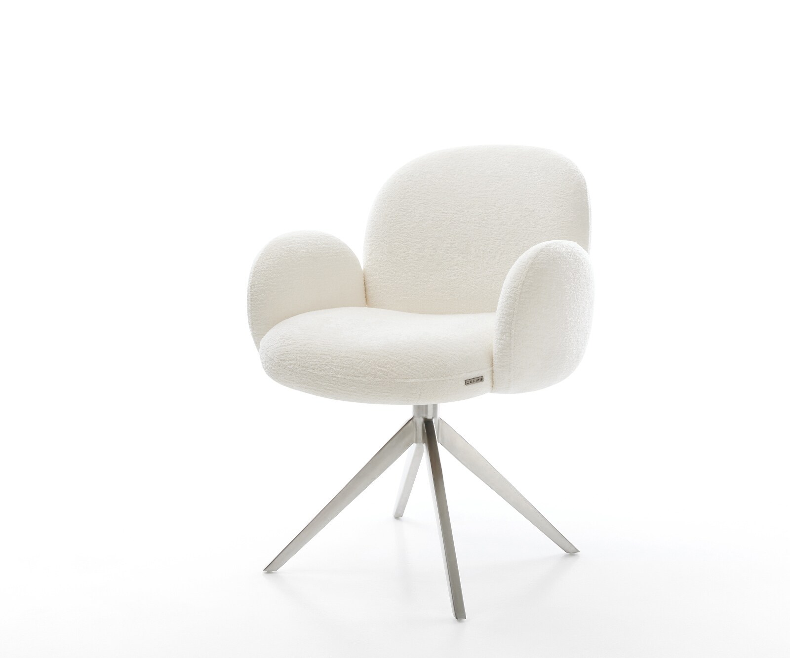 Drehstuhl Nube-Flex mit Armlehnen Bouclé Soft Beige Kreuzgestell breit Edelstahl 360° drehbar Wippfunktion Taschenfederkern