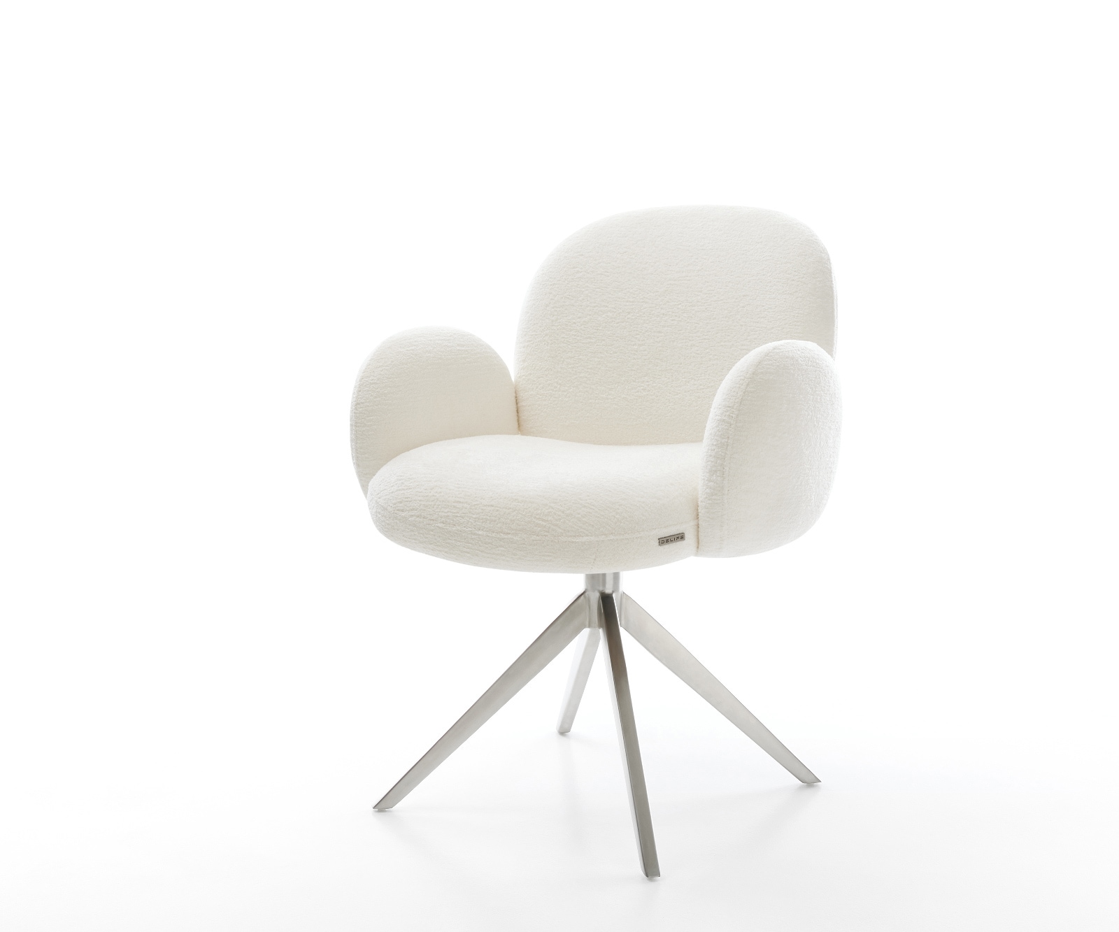 Drehstuhl Nube-Flex mit Armlehnen Bouclé Soft Beige Kreuzgestell breit Edelstahl 360° drehbar Wippfunktion Taschenfederkern