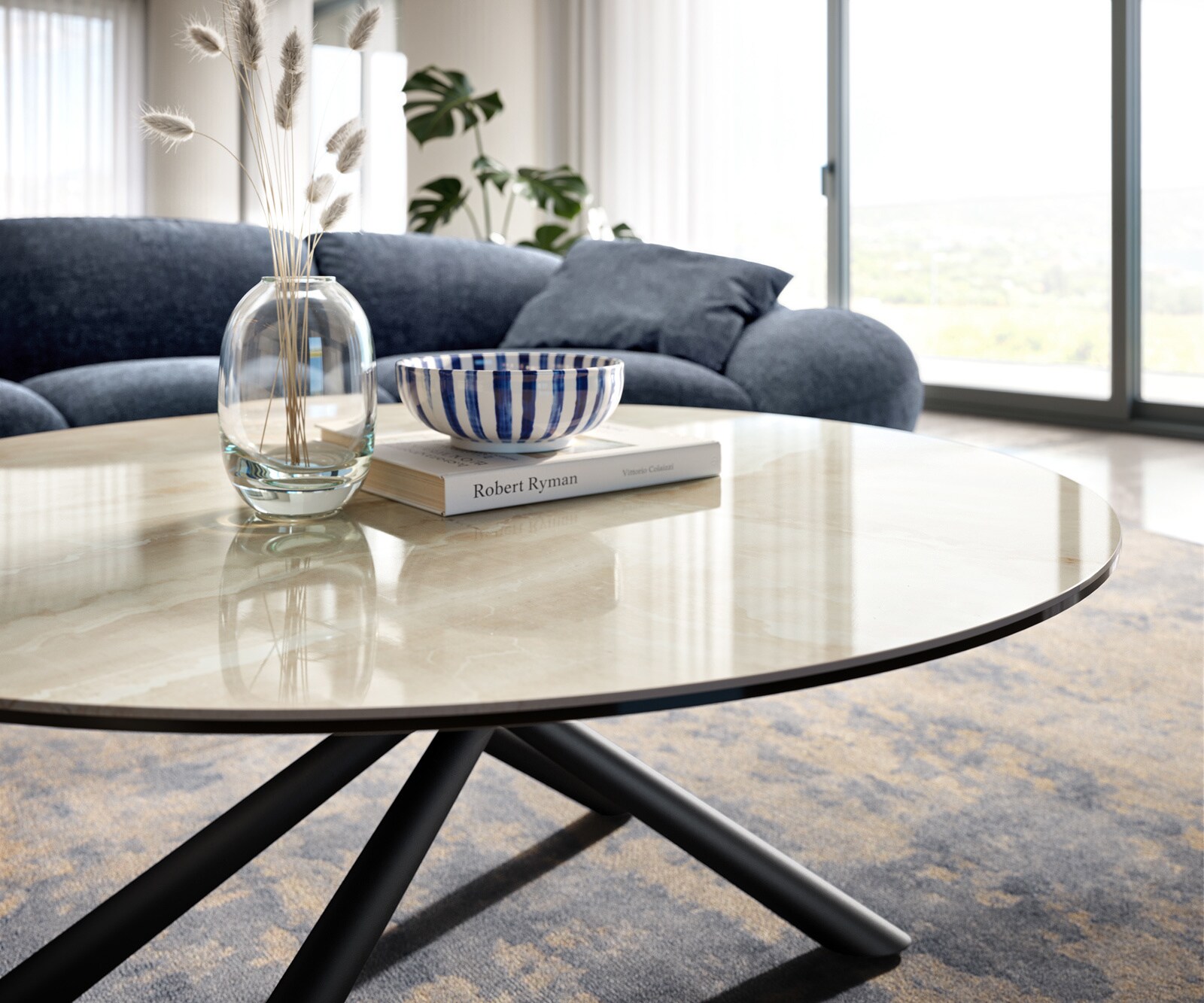 Couchtisch Edge Rund 100x100 cm Keramik Onyx Champagne Sarity Metall Schwarz 5