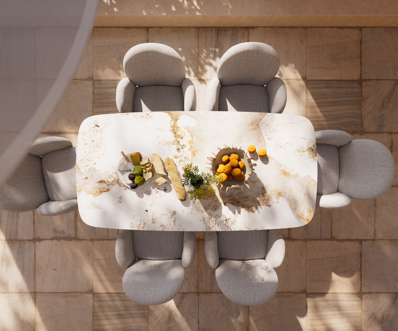 Outdoortisch Edge Boot 200x100 cm Keramik Minas Melange Weiß-Beige Kreuzgestell Rechteck Edelstahl 5