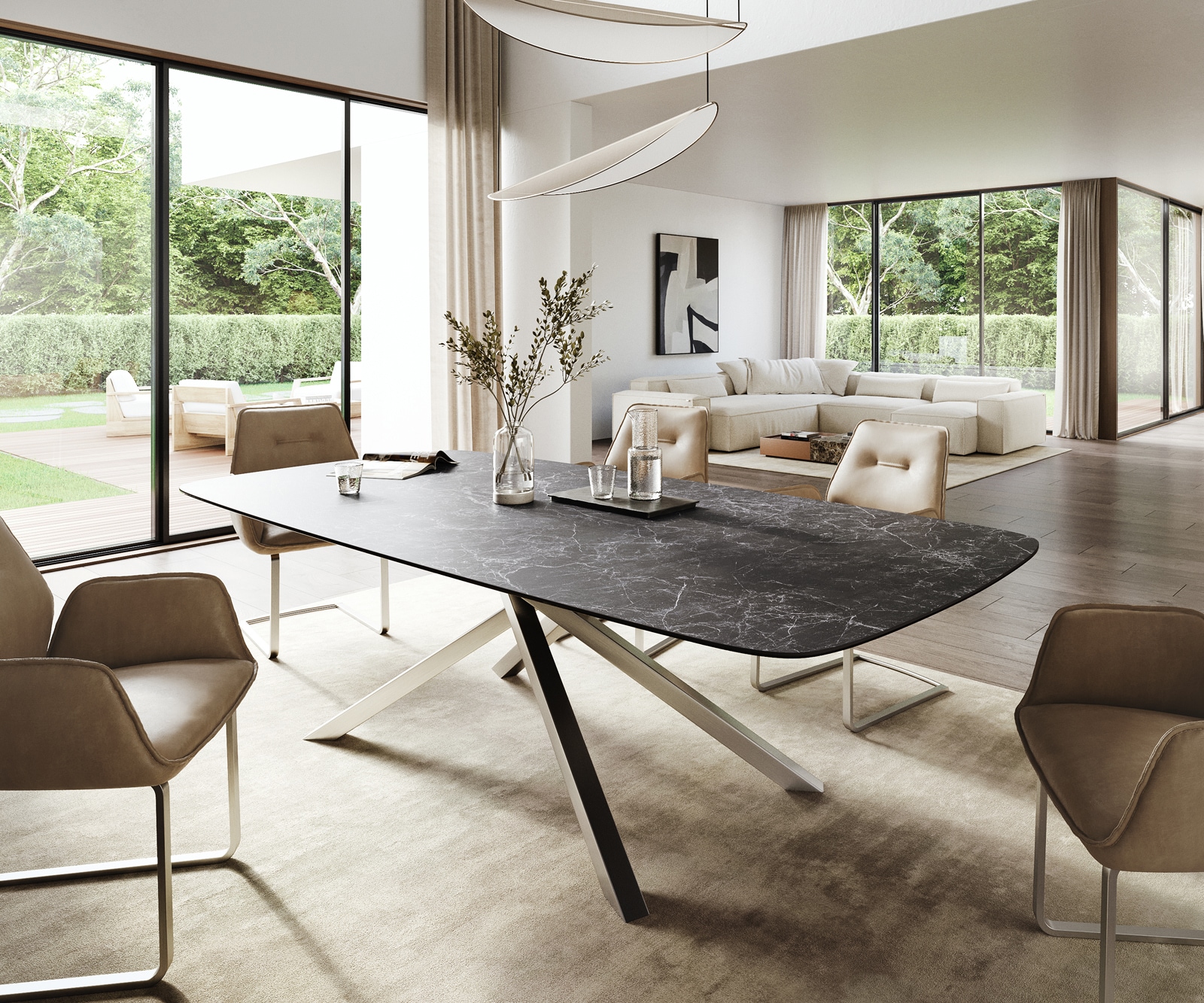 Esstisch Edge Boot 260x120 cm Keramik Laminam® Nero Greco Anthrazit Kreuzgestell Rechteck Edelstahl