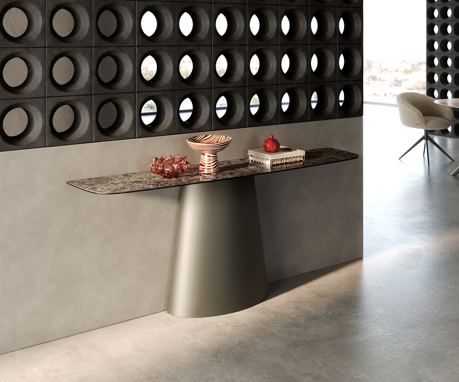 Konsolentisch Edge Boot 180x40 cm Keramik Emperador Extra Lucidato Dunkelbraun Conos Metall Effektfinish Titan