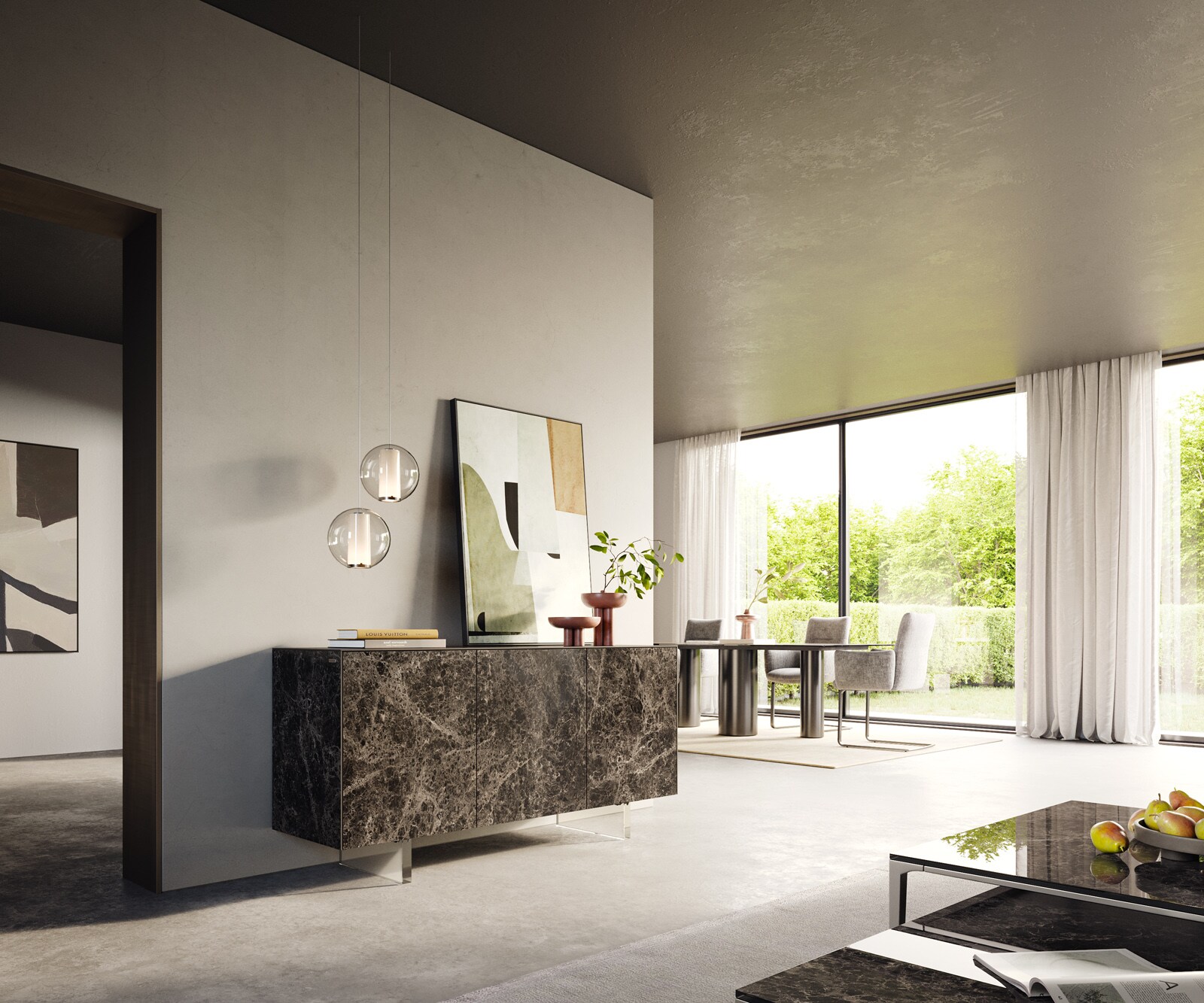 Sideboard Cuor 150 cm Keramik Emperador Extra Lucidato Dunkelbraun 3 Türen Fuß Schwebeoptik Acrylglas 6
