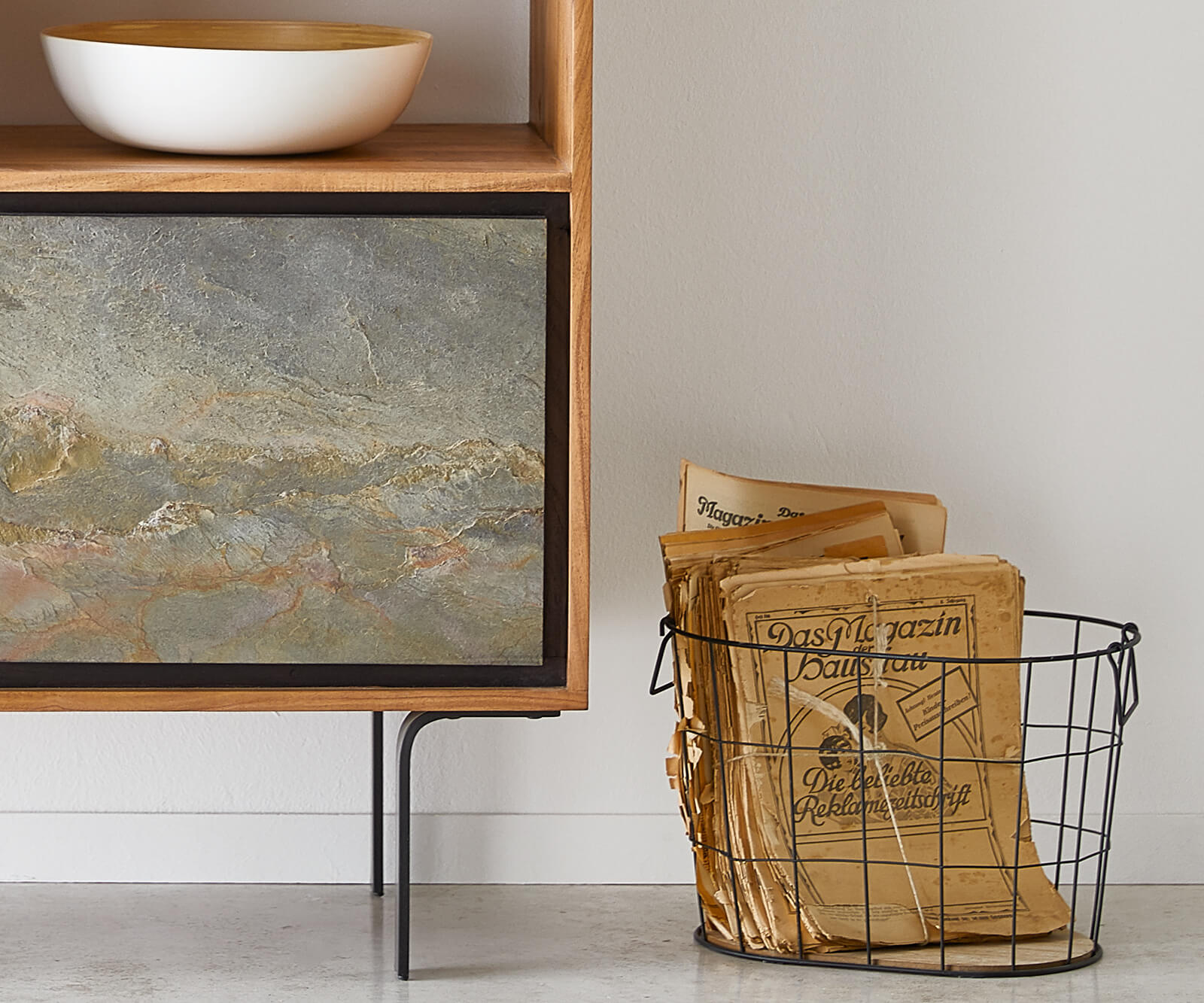 Highboard Juwelo 88x135 cm Akazie Natur mit Steinfurnier  6
