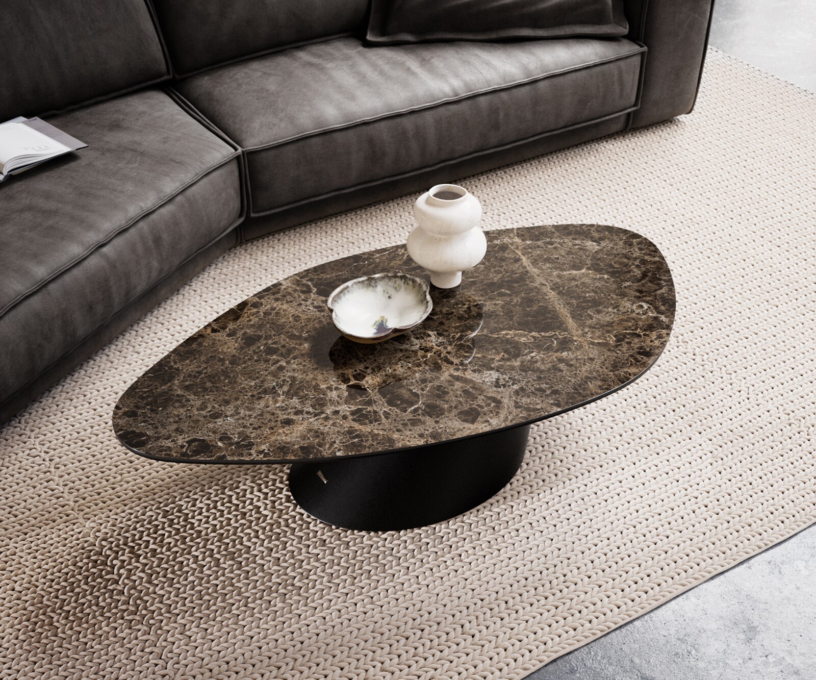 Couchtisch Edge Organisch 140x76 cm Keramik Emperador Extra Lucidato Dunkelbraun Conis Metall Schwarz 4