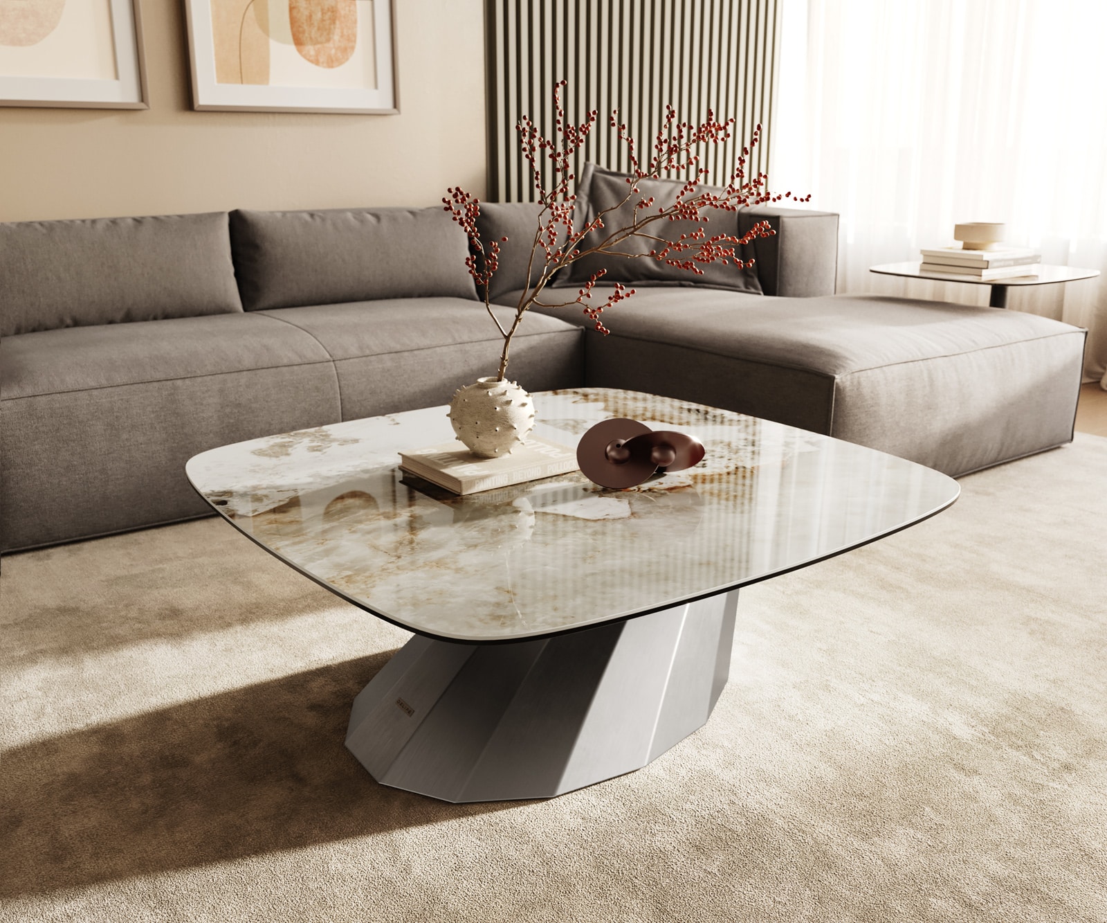 Couchtisch Edge Boot 90x90 cm Keramik Minas Melange Parabi Edelstahl gebürstet