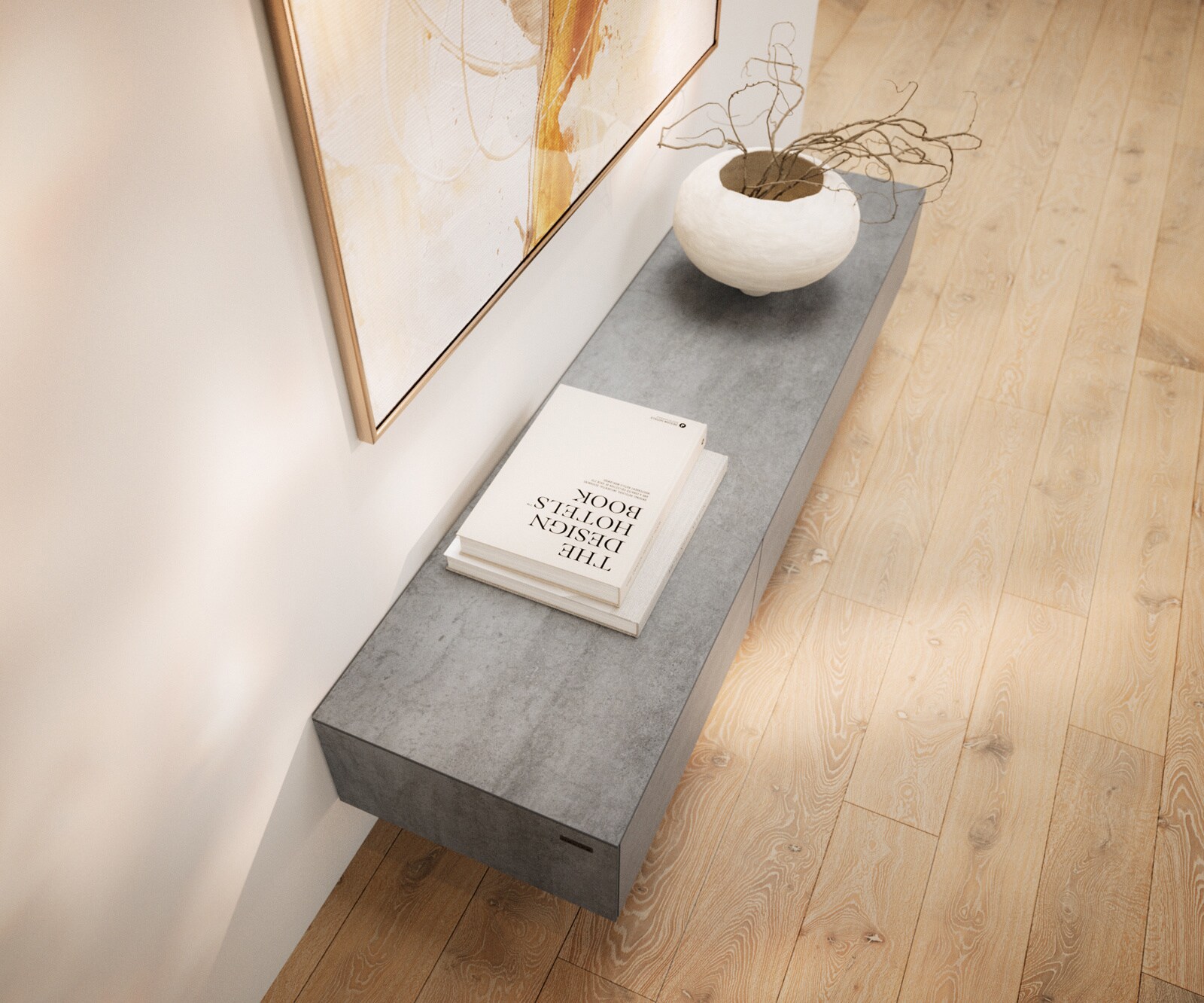 Lowboard Cuor 150 cm Keramik Beton Grau 1 Klappe 1 Schubfach Fuß Schwebeoptik Acrylglas 3