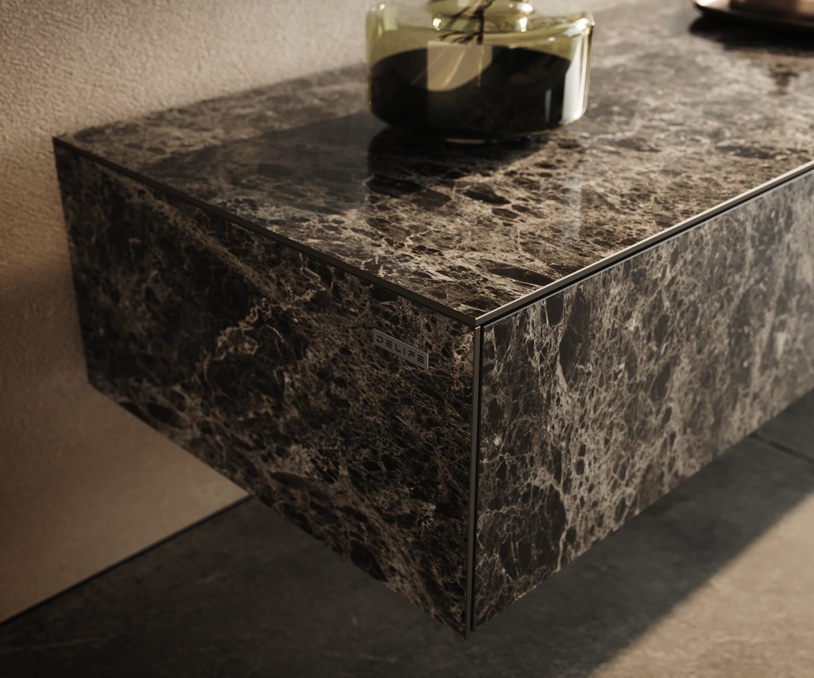 Lowboard Cuor 250 cm Keramik Laminam® Emperador Extra Lucidato Dunkelbraun 1 Klappe 1 Schubfach Schwebend 6