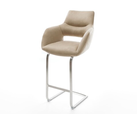 Barstuhl Yago-Flex Mikrofaser Beige Vintage Freischwinger Flach Edelstahl Silberfarben Taschenfederkern