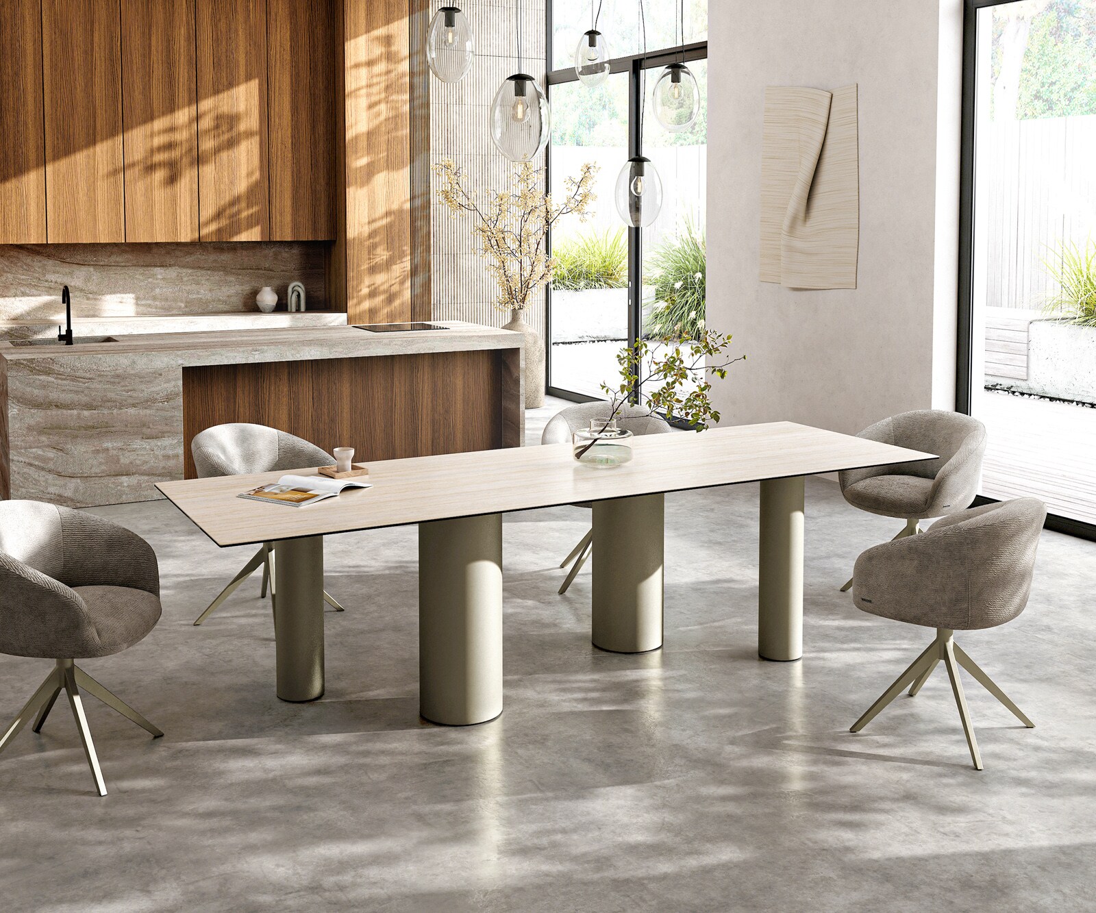 Esstisch Edge 300x100 Keramik Laminam® Travertino Bianco Creme-Weiß Pilier Metall Effektfinish Titan 6