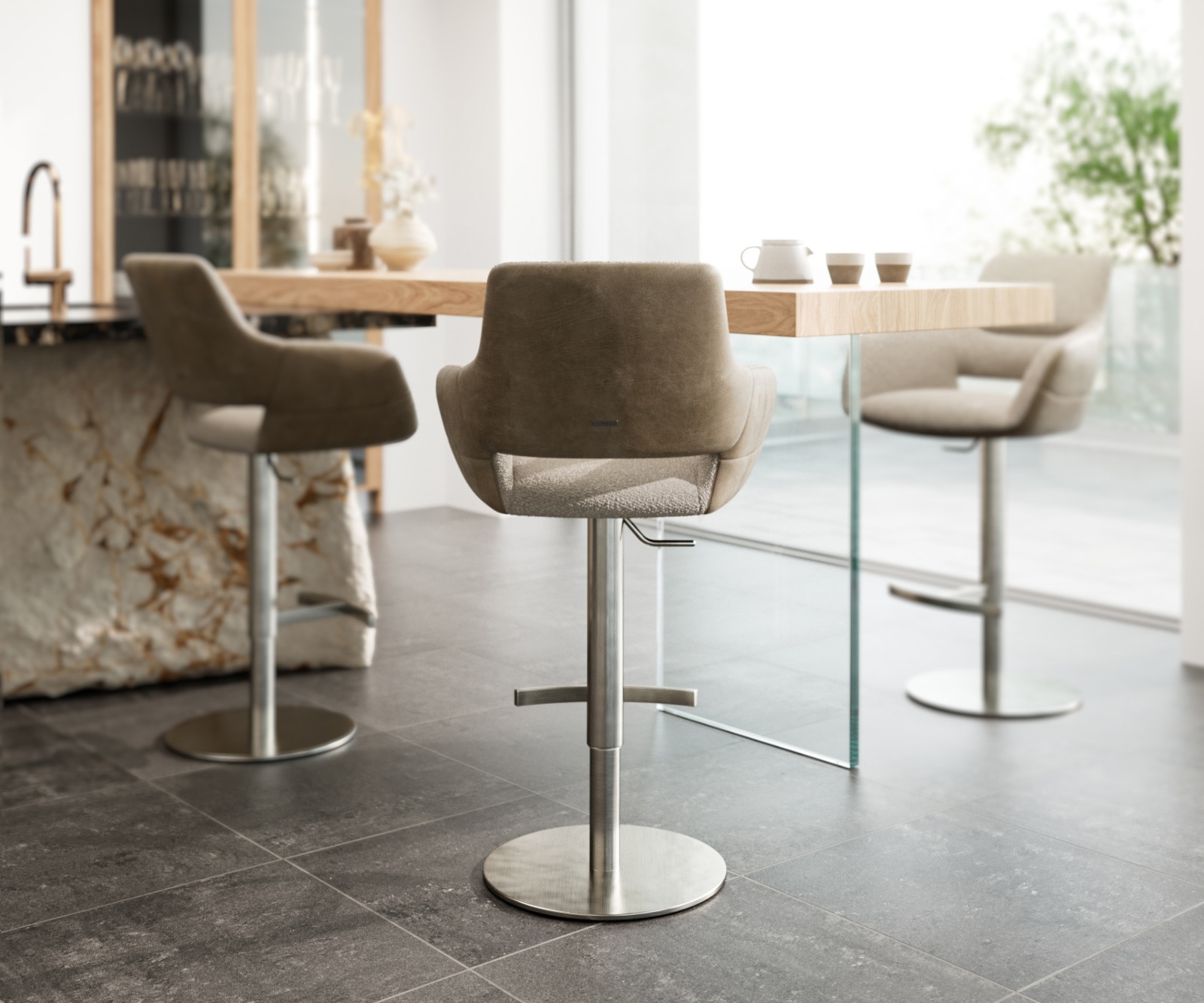 Barstuhl Yago-Flex Materialmix Mikrofaser Schlamm / Bouclé Schlamm Drehfußhöhenverstellbar Edelstahl drehbar Taschenfederkern 2 Barstuhl Yago-Flex Materialmix Mikrofaser Schlamm / Bouclé Schlamm Drehfußhöhenverstellbar Edelstahl drehbar Taschenfederkern 2