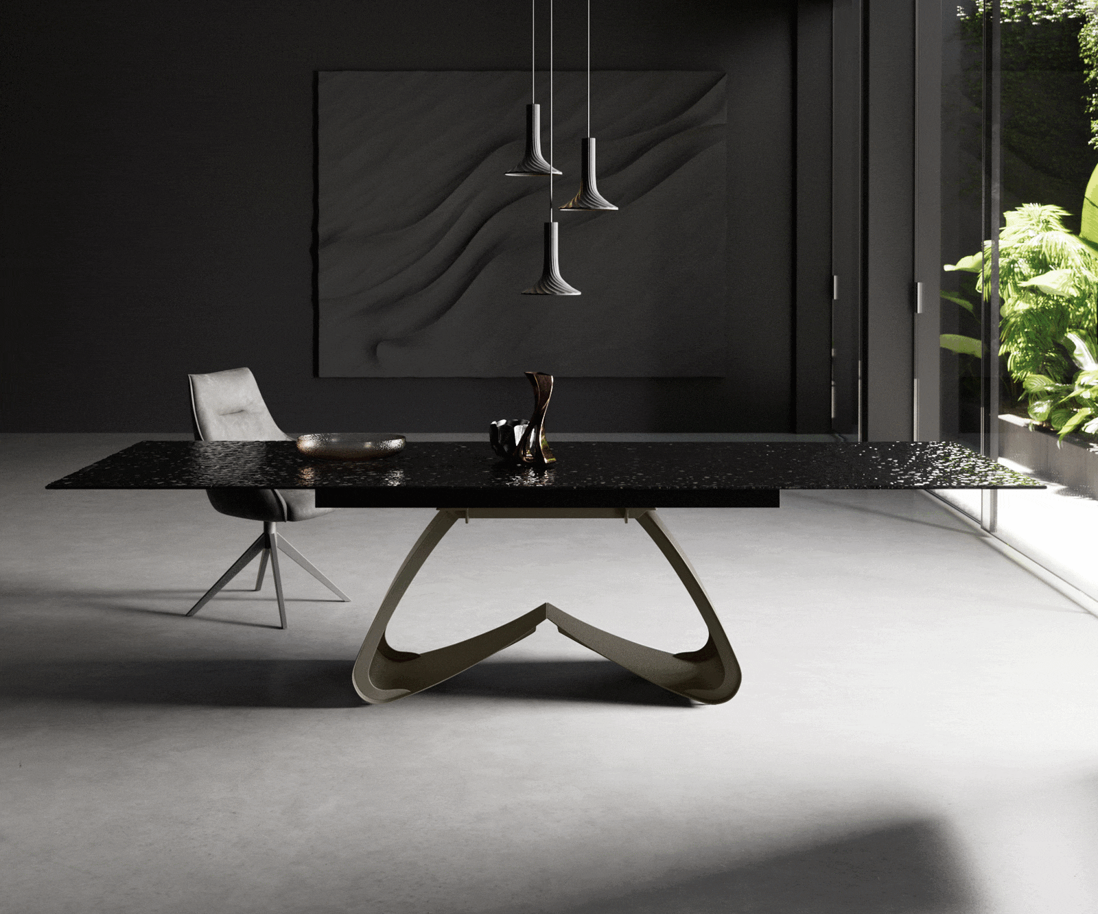 Esstisch Edge 200-300x100 Reliefglas Rauchschwarz 3D-Design W-Gestell Effektfinish Titan ausziehbar 1 Esstisch Edge 200-300x100 Reliefglas Rauchschwarz 3D-Design W-Gestell Effektfinish Titan ausziehbar 1