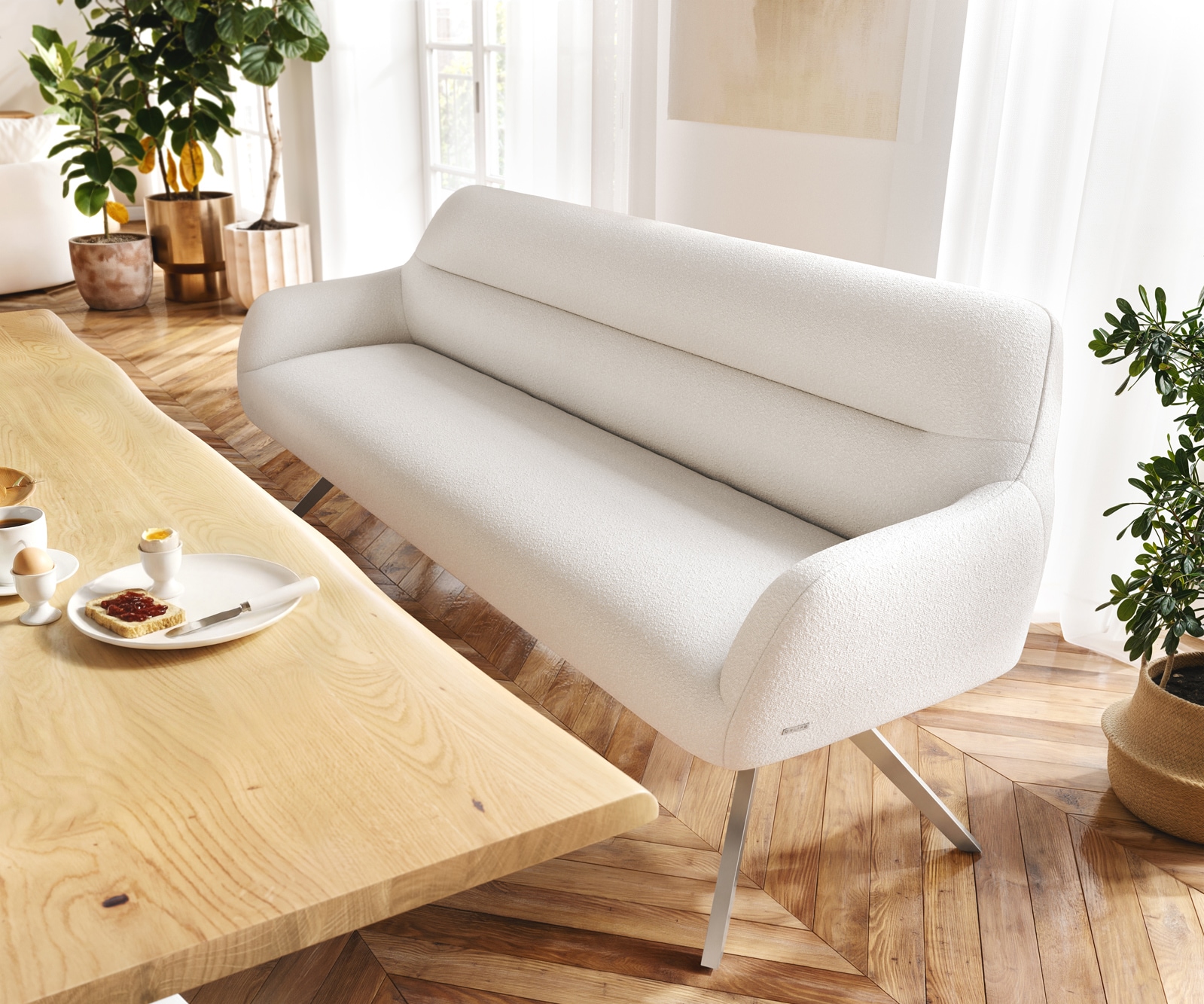 Esszimmerbank Taya-Flex 200 cm Bouclé Creme-Weiß Kreuzgestell kantig Edelstahl Taschenfederkern 1