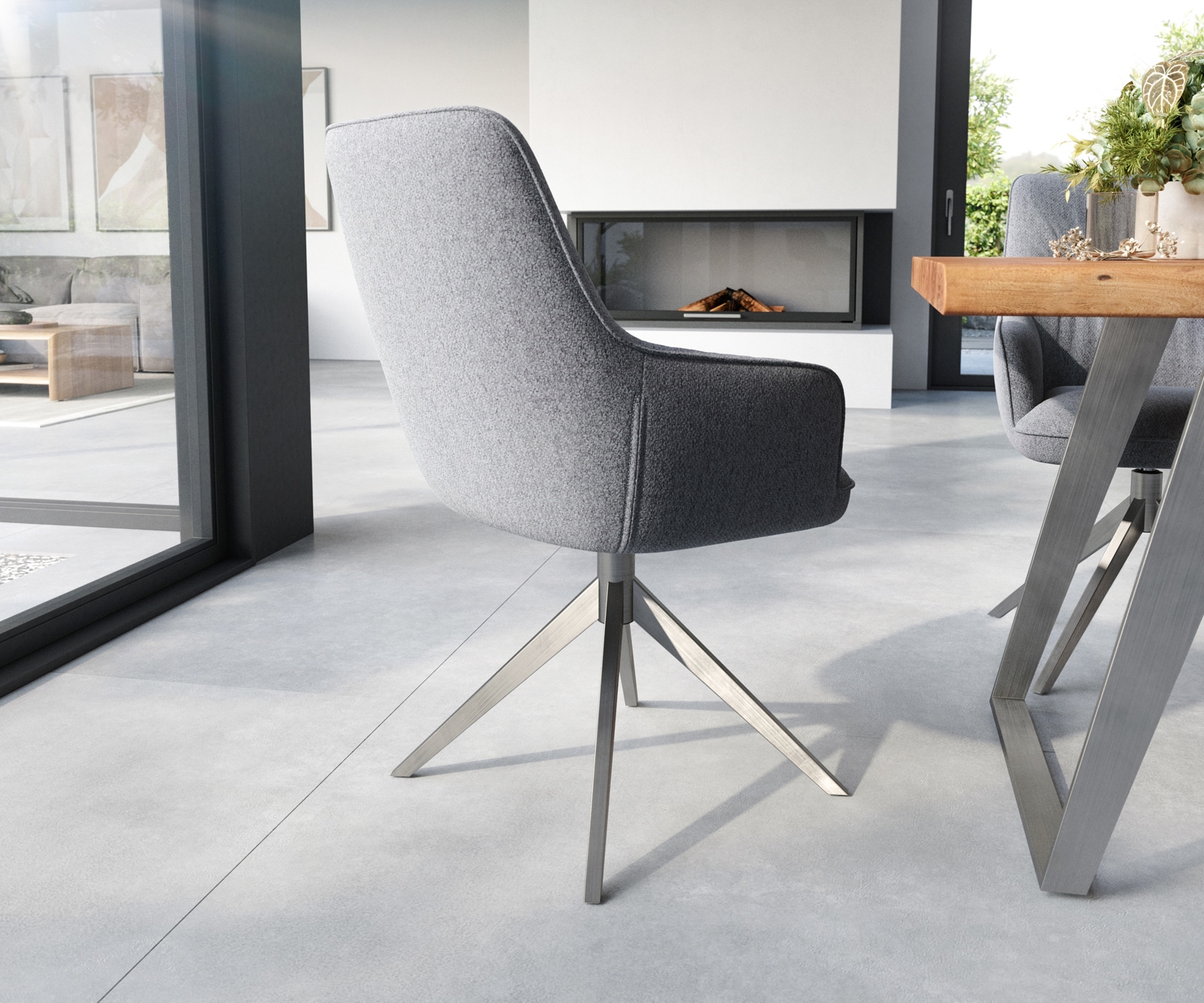 Esszimmerstuhl Zelia-Flex mit Armlehnen Strukturstoff Hellgrau Kreuzgestell breit Edelstahl Taschenfederkern 5