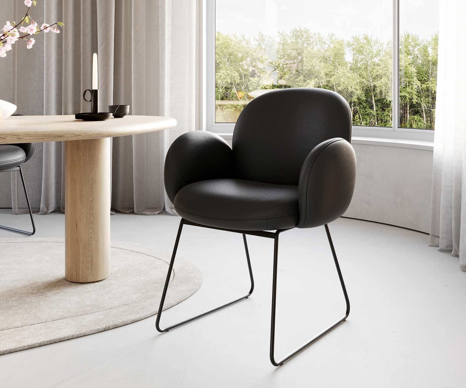 Esszimmerstuhl Nube-Flex mit Armlehnen Echt-Leder Schwarz Kufengestell Schwarz Taschenfederkern 1