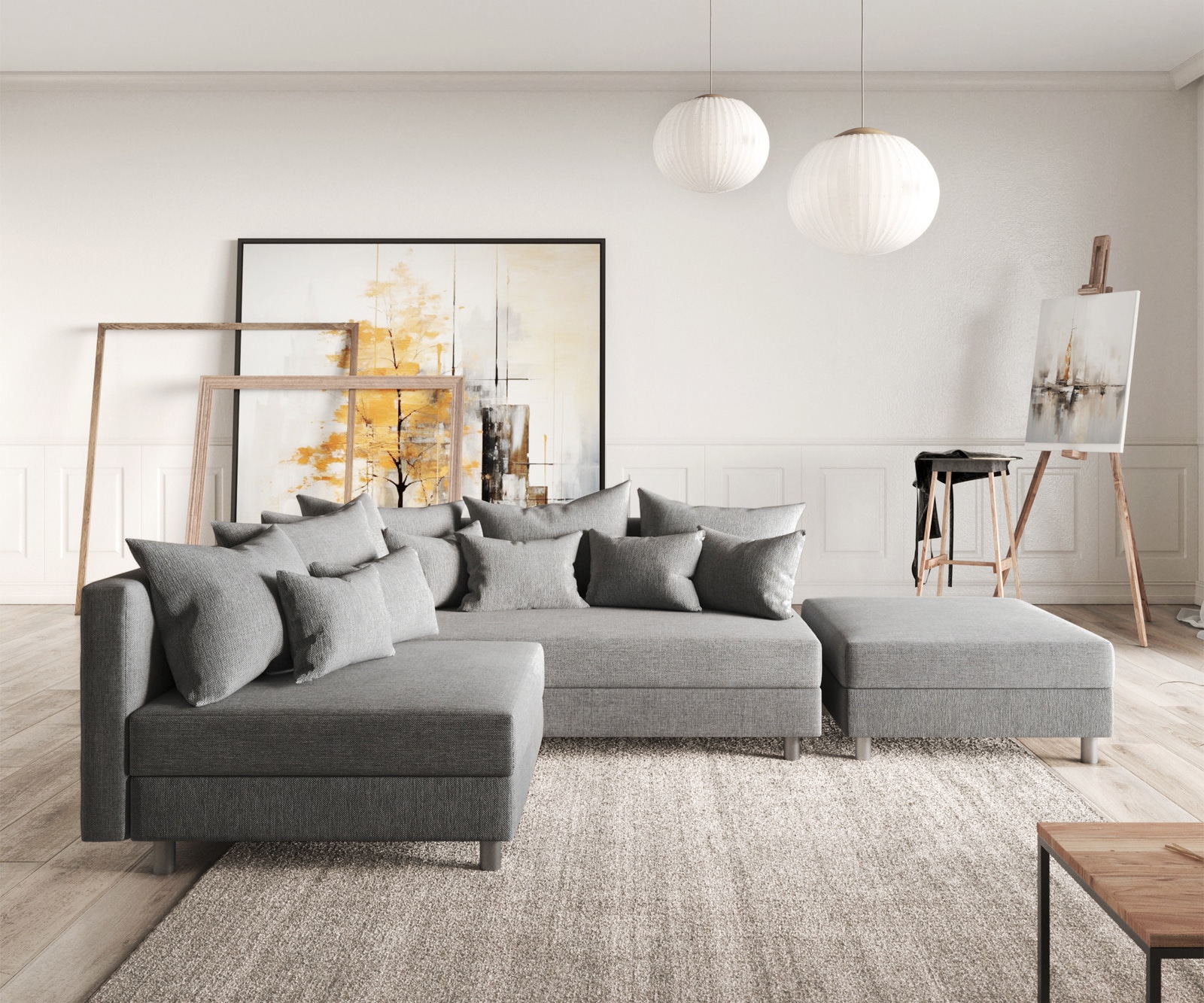 Ecksofa Clovis Grau Flachgewebe Hocker Ottomane Rechts Modulsofa Ecksofa Clovis Grau Flachgewebe Hocker Ottomane Rechts Modulsofa