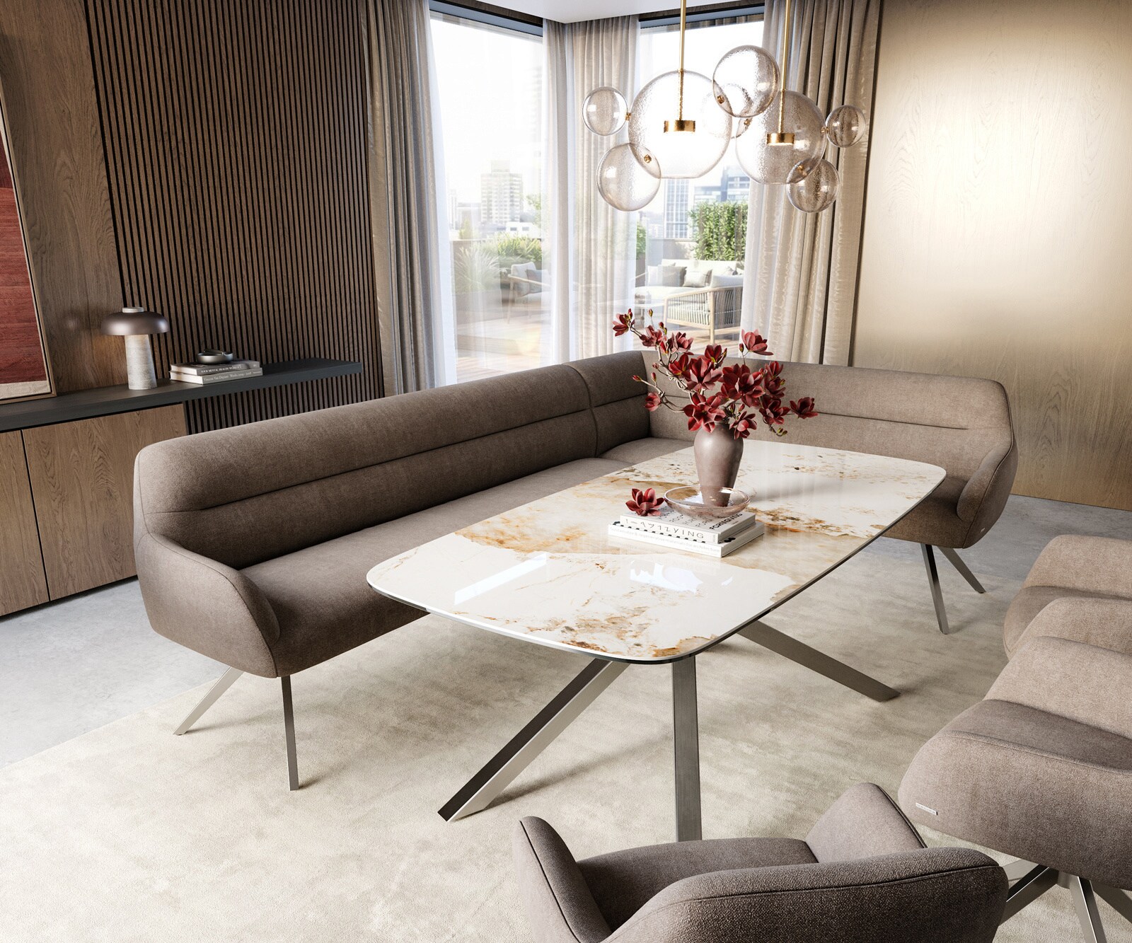 Esszimmerbank Taya-Flex 285x190 cm Strukturstoff Soft Taupe Kreuzgestell kantig Edelstahl Taschenfederkern Links 1