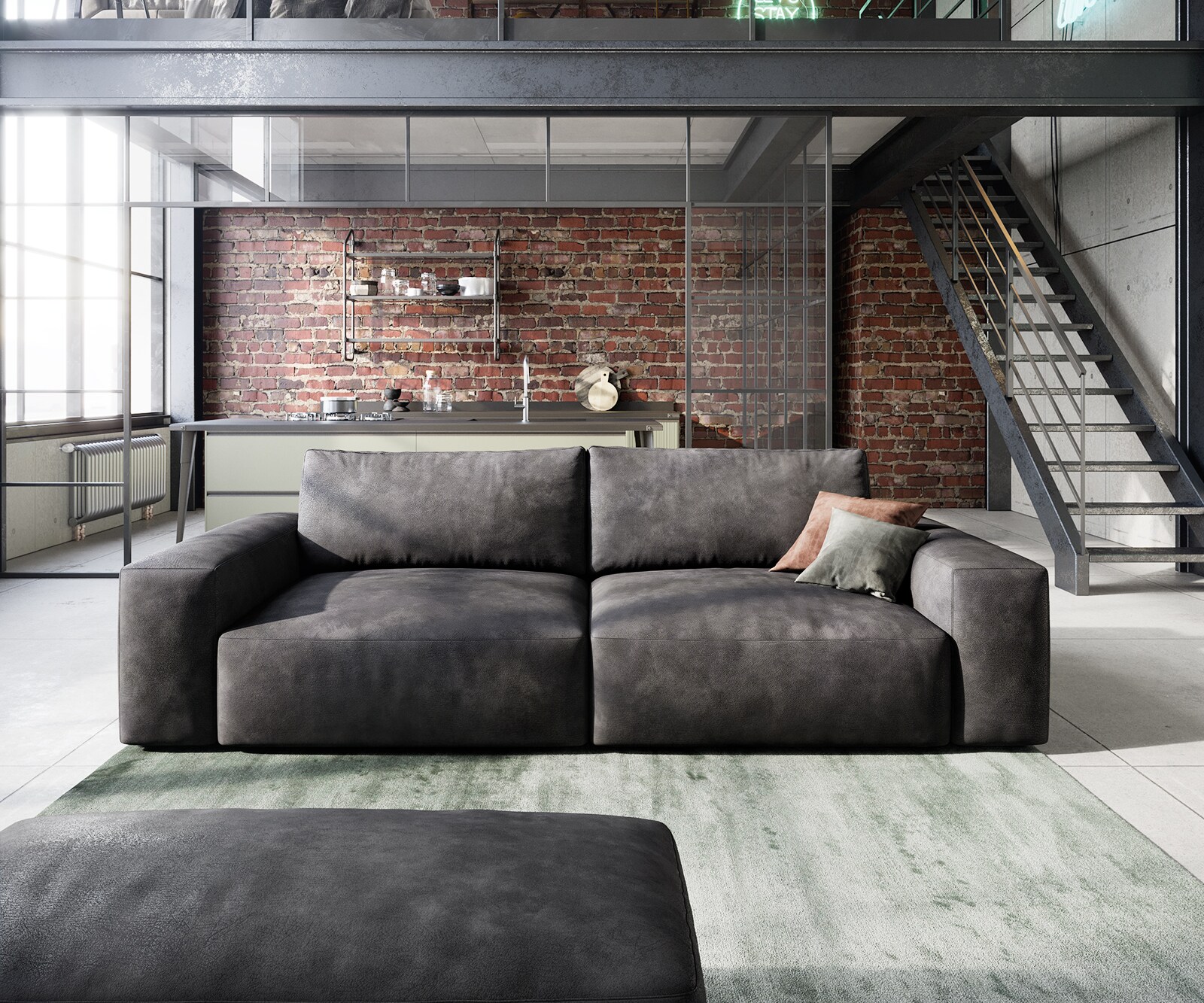 Big-Sofa Lanzo 230x95 cm Lederimitat Vintage Anthrazit mit Hocker 1