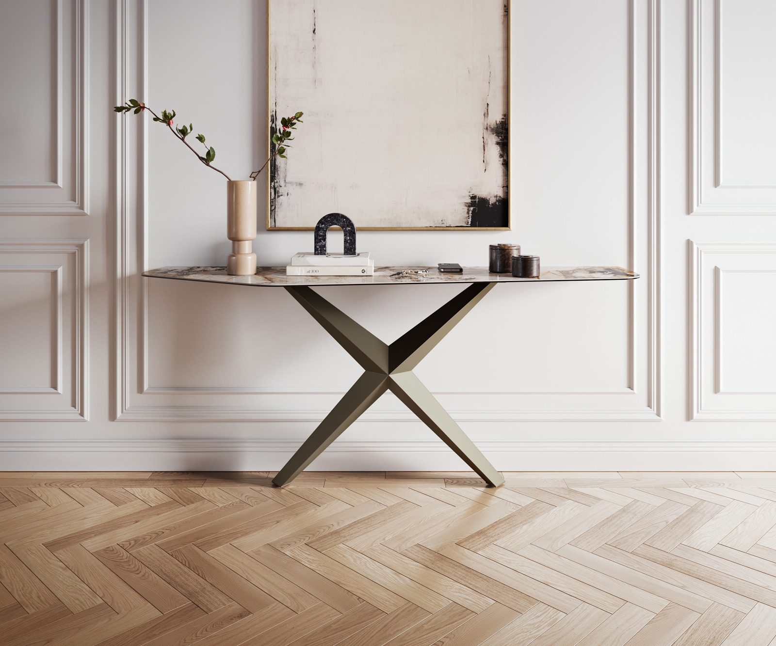 Konsolentisch Edge Polygonal 180x50 cm Keramik Patagonia Poliert Zentharo Metall Effektfinish Titan