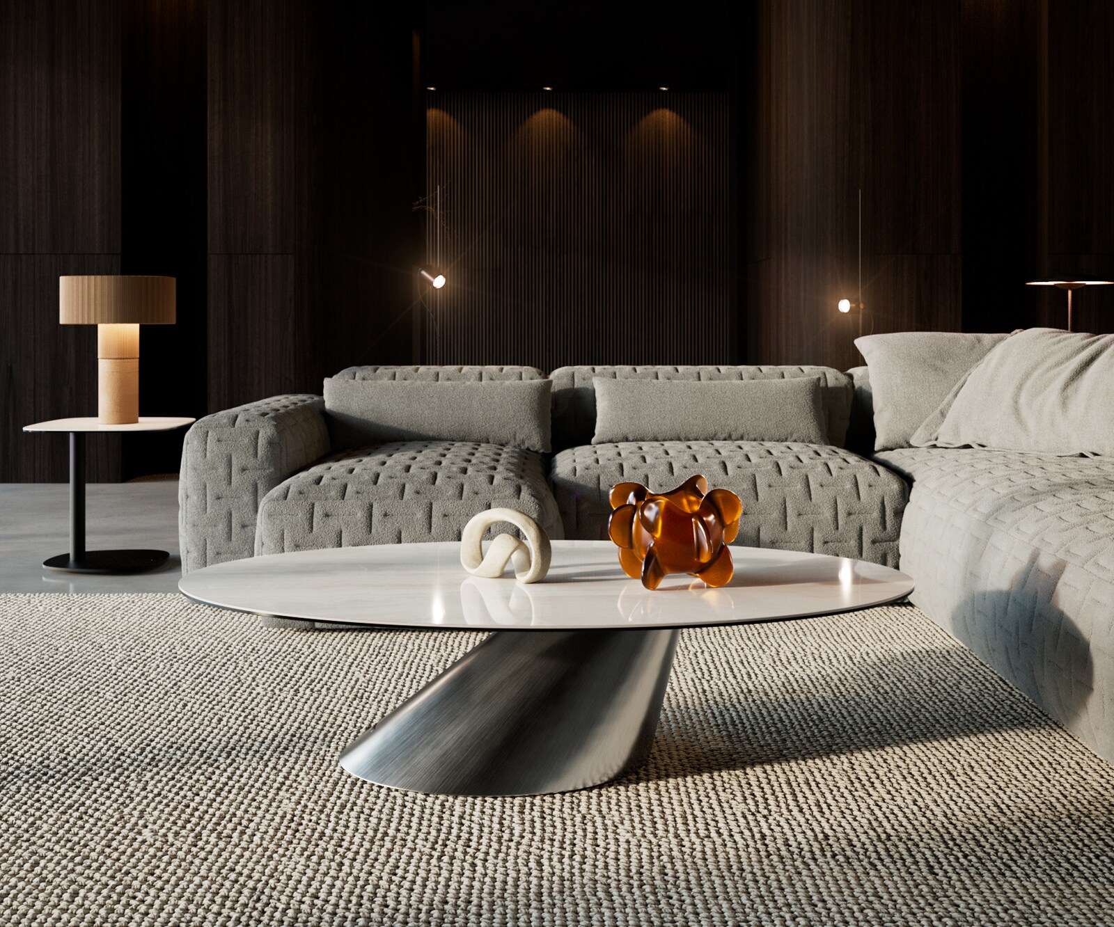 Couchtisch Edge Oval 140x80 cm Keramik Onyx Champagne Conis Edelstahl gebürstet 1