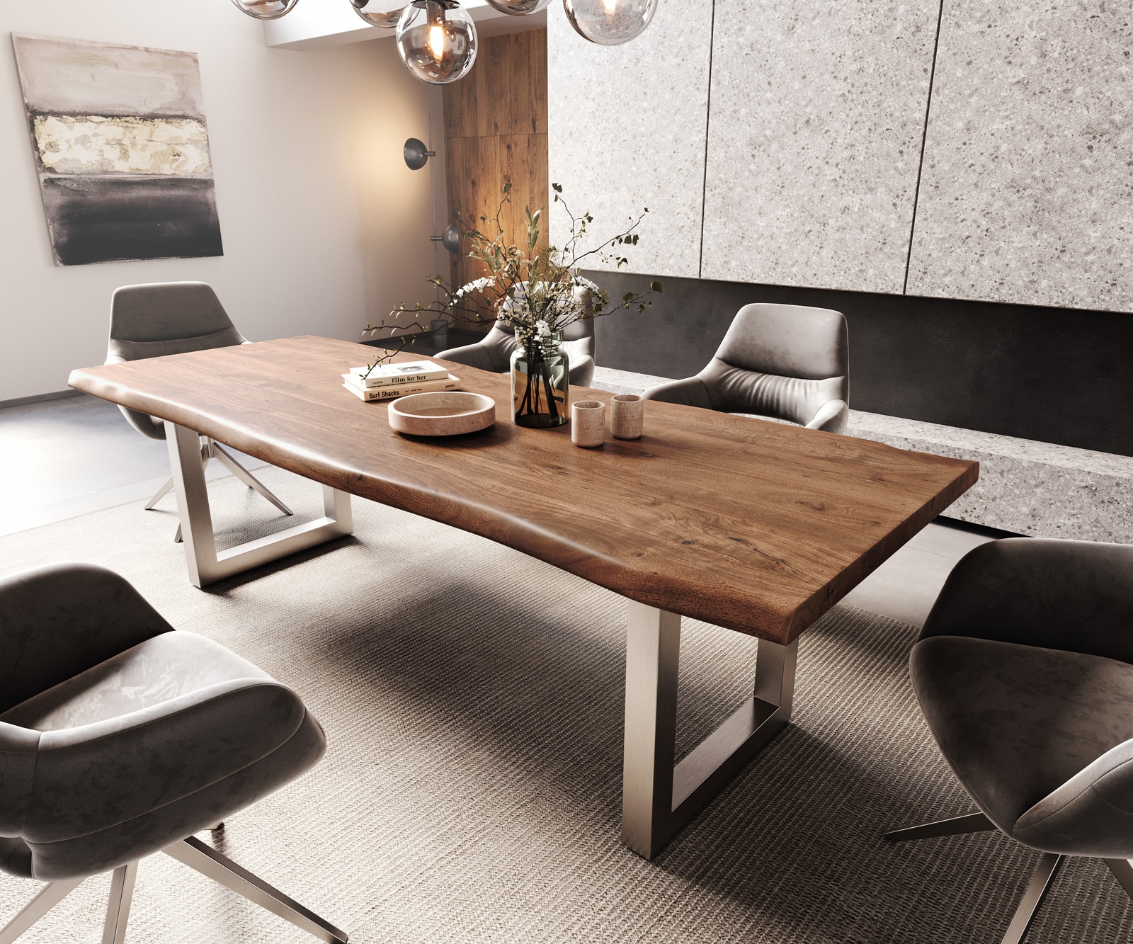 Esstisch Edge 260x100 XL Akazie Braun Edelstahl Breit Live-Edge 1