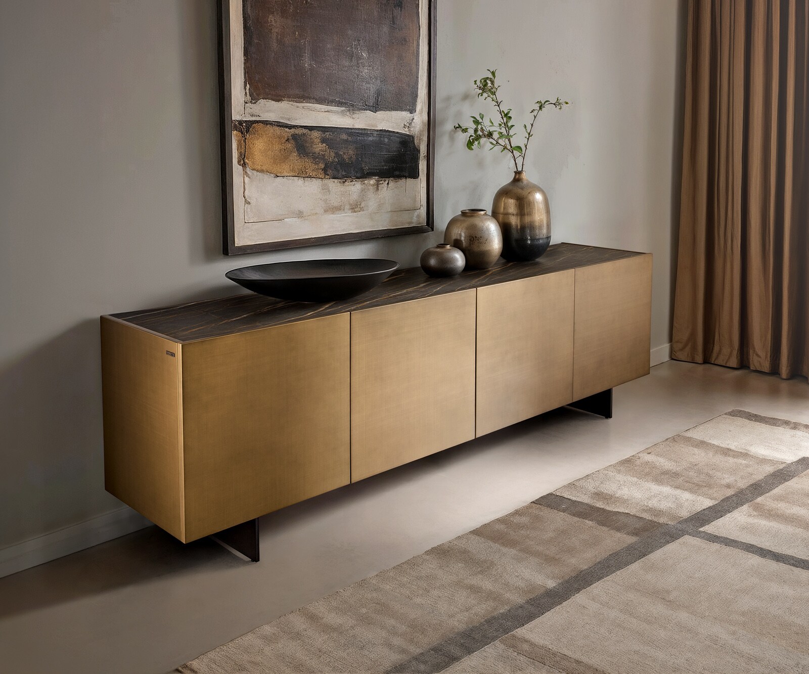 DELIFE Sideboard Kazu 220 cm Metallic Gold 4 Türen schwebend Metall Schwarz Keramik Laminam®Noir Desir Braun, Sideboards