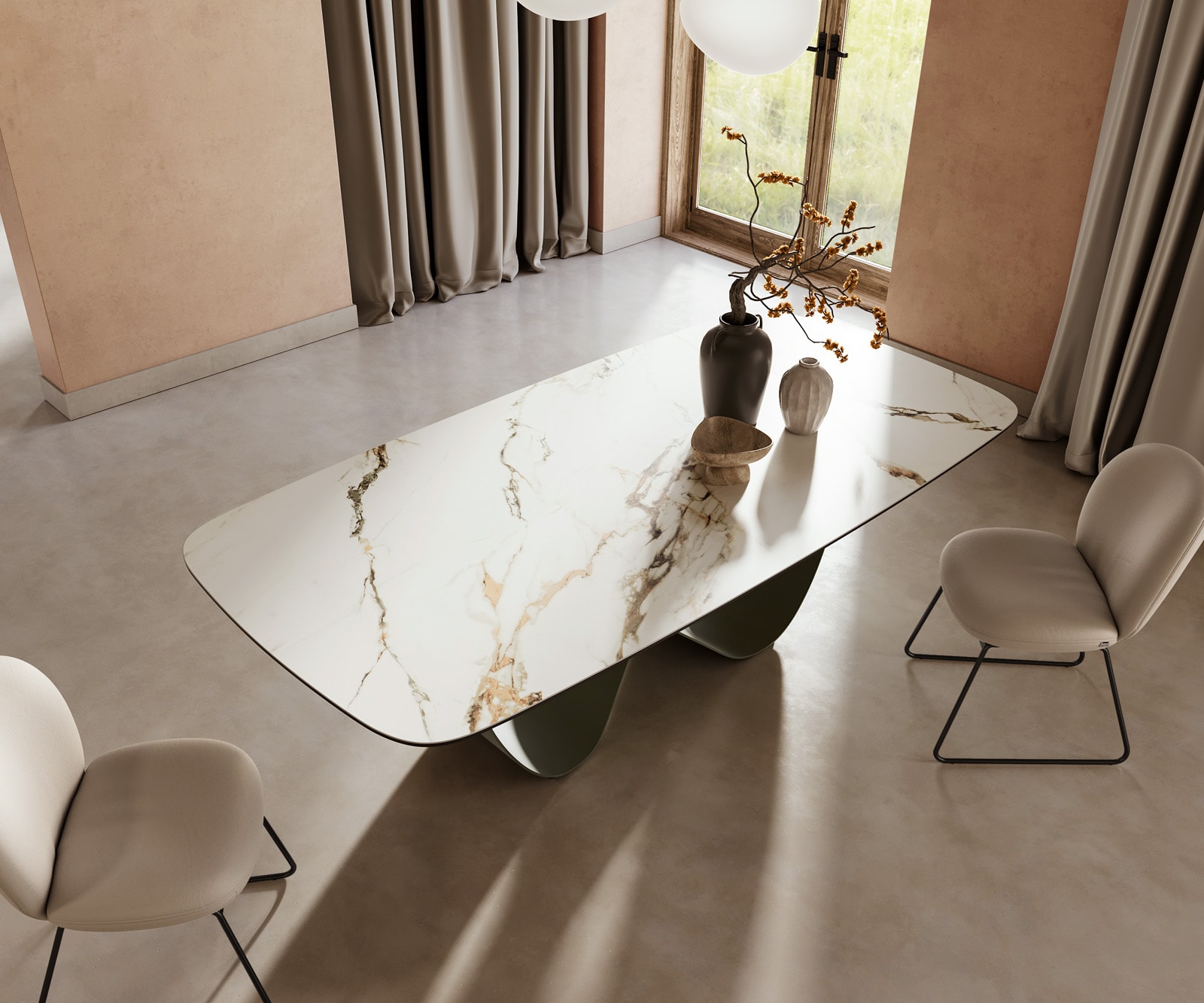 Esstisch Edge Boot 240x120cm Keramik Calacatta Luxe Weiß-Gold-Grau Infinity Metall Effektfinish Titan 5