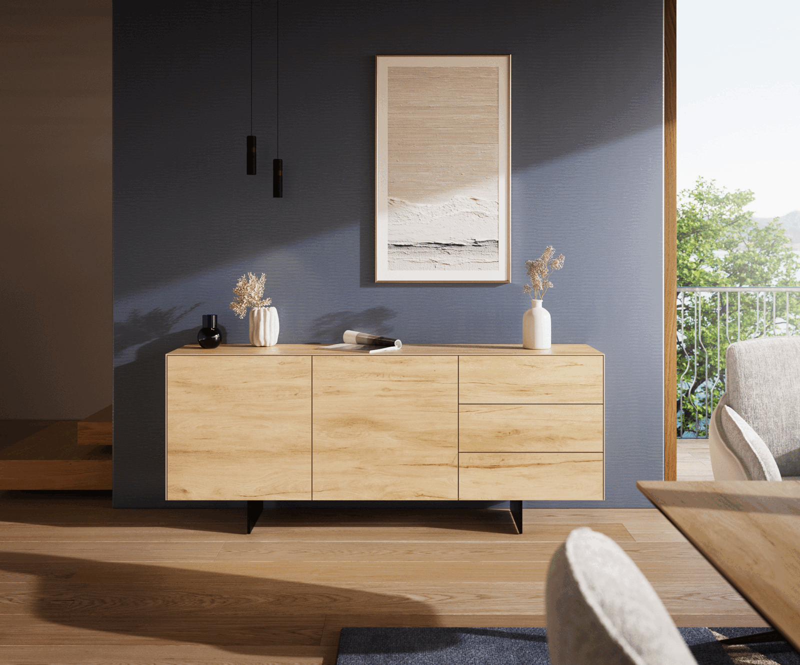 Sideboard Cuor 180 cm Keramik Laminam® Sabbia Eichefarbig 2 Türen 3 Schubfächer Fuß Schwebeoptik Metall Schwarz 2