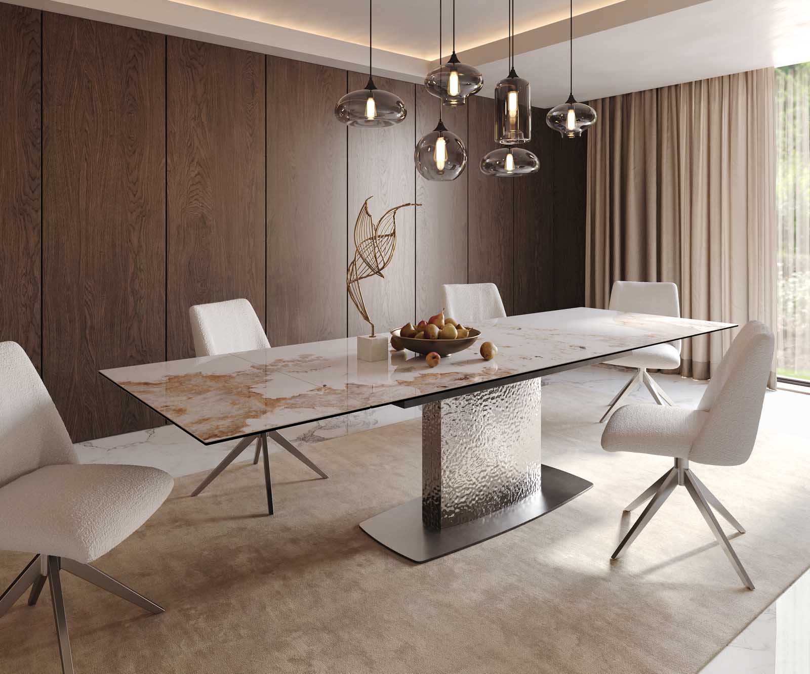 Esstisch Edge 200-300x100 Keramik Minas Melange Weiß-Beige Wave Edelstahl ausziehbar