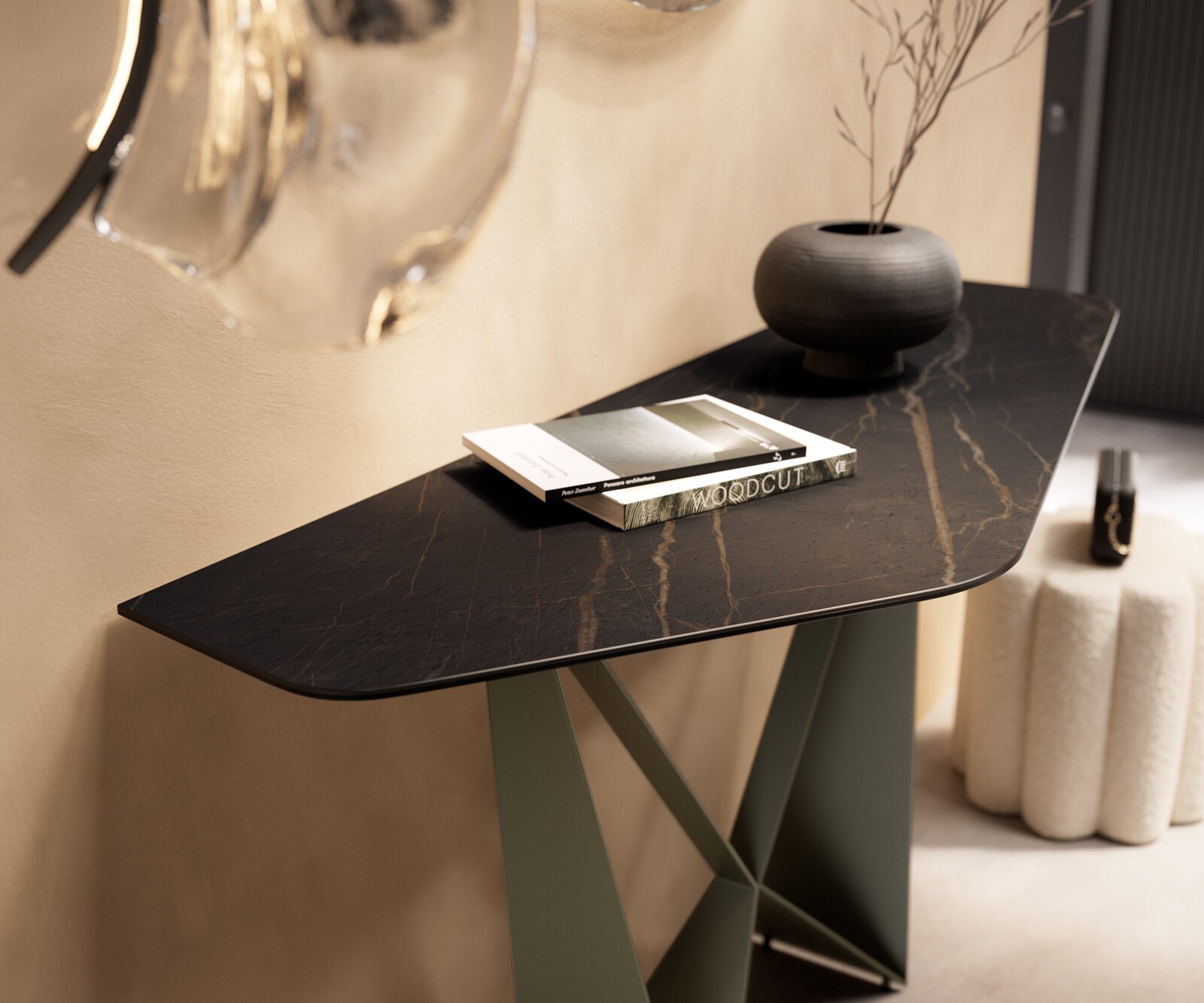 Konsolentisch Edge Polygonal 140x50 cm Keramik Laminam® Noir Desir Braun Spios Metall Effektfinish Titan 6