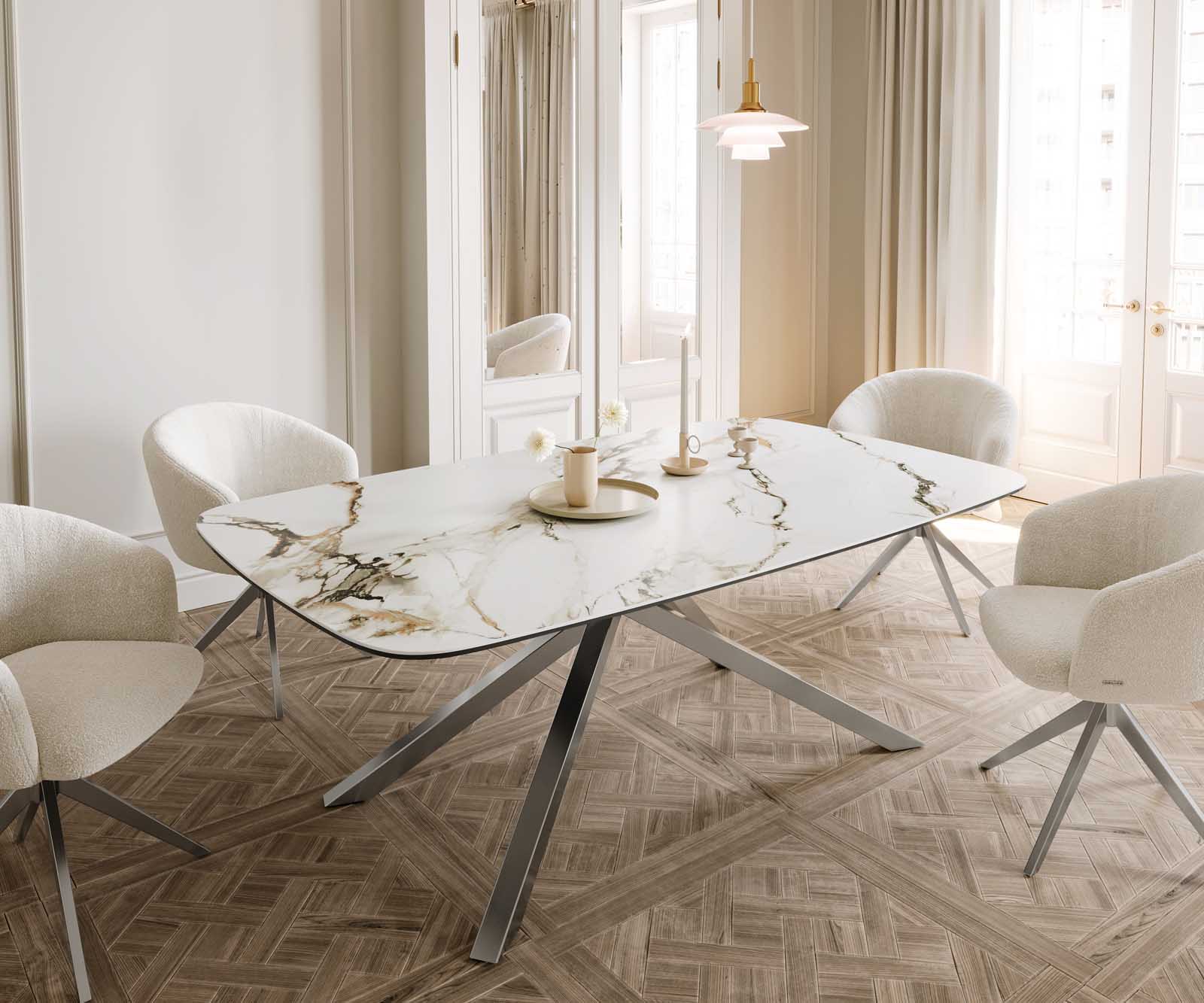 Esstisch Edge Boot 200x100 Keramik Calacatta Luxe Weiß-Gold-Grau Kreuzgestell Rechteck Edelstahl Esstisch Edge Boot 200x100 Keramik Calacatta Luxe Weiß-Gold-Grau Kreuzgestell Rechteck Edelstahl