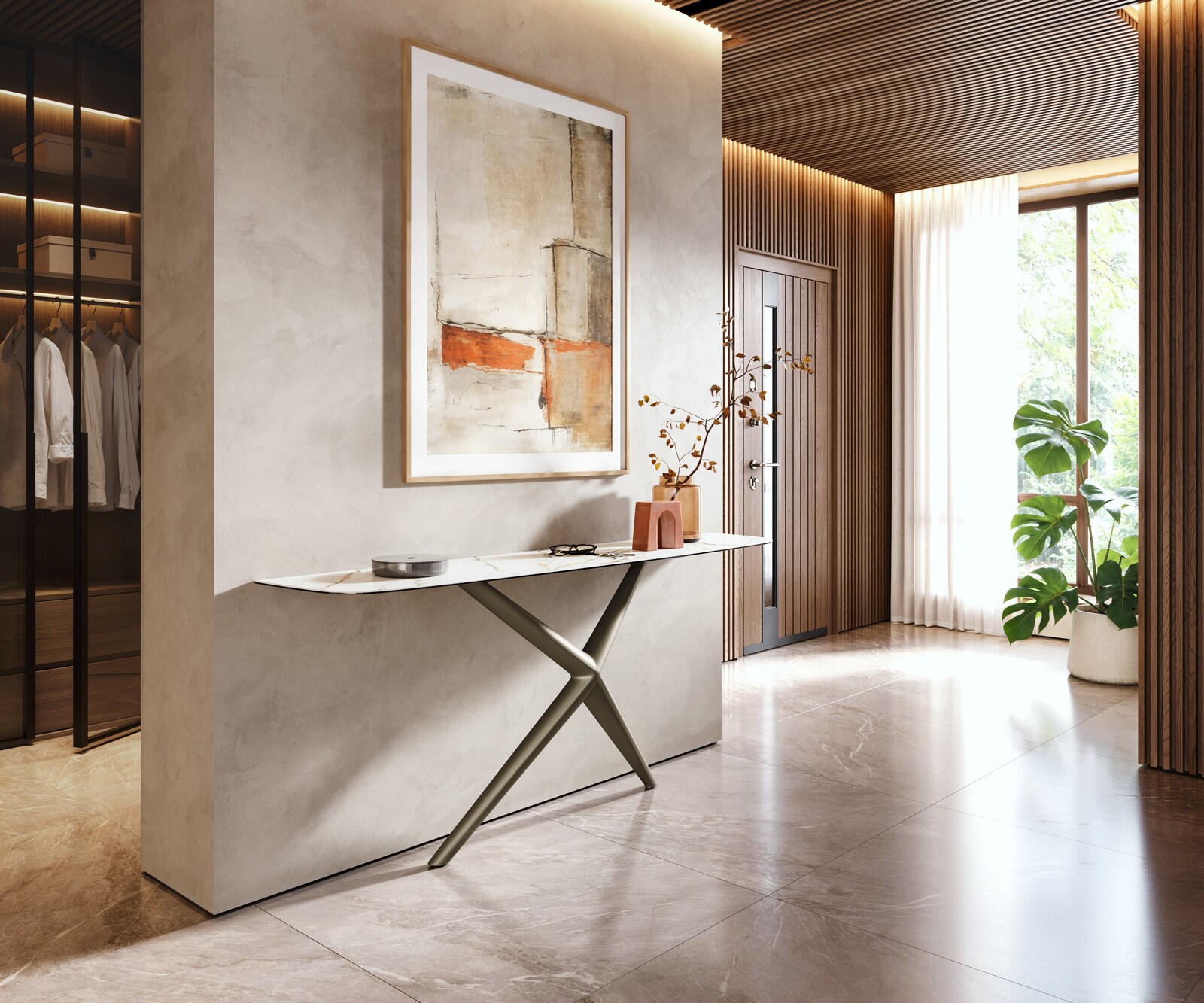 Konsolentisch Edge Boot 180x40 cm Keramik Calacatta Luxe Weiß-Gold-Grau Estelo Metall Effektfinish Titan 6