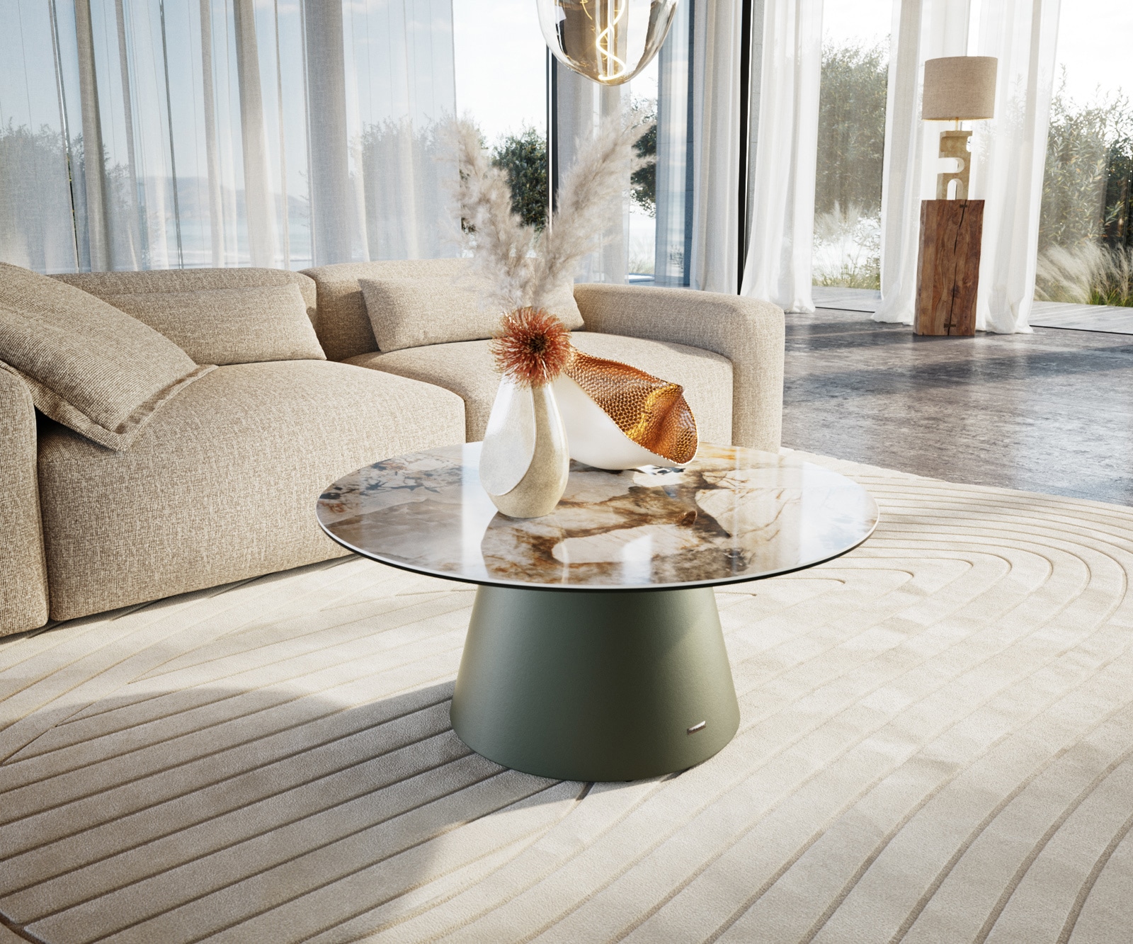 Couchtisch Edge Rund 90x90 cm Keramik Patagonia Poliert Borna Effektfinish Titan