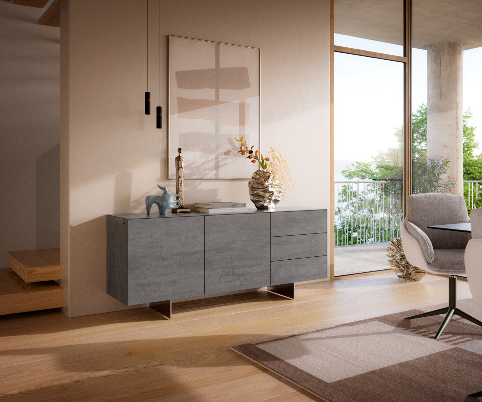 Sideboard Cuor 180 cm Keramik Beton Grau 2 Türen 3 Schubfächer Fuß Schwebeoptik Edelstahl