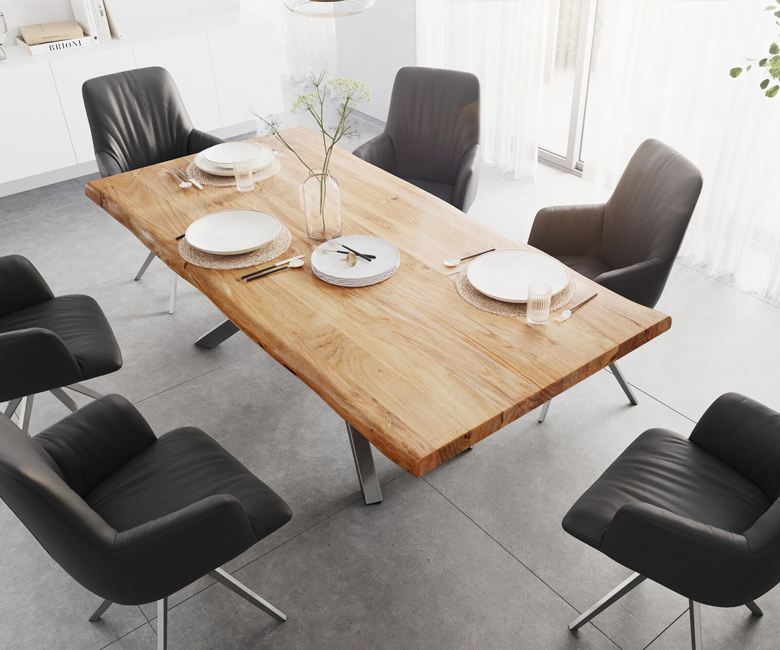 Esstisch Edge 200x100 XL Akazie Natur Kreuzgestell Rechteck Edelstahl Live-Edge 3