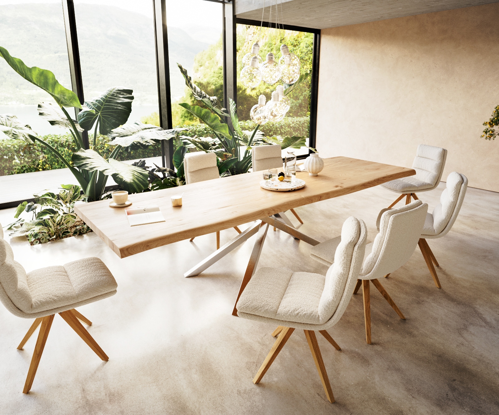 Esstisch Edge 300x100 Eiche Natur Kreuzgestell Rechteck Edelstahl Live-Edge 6