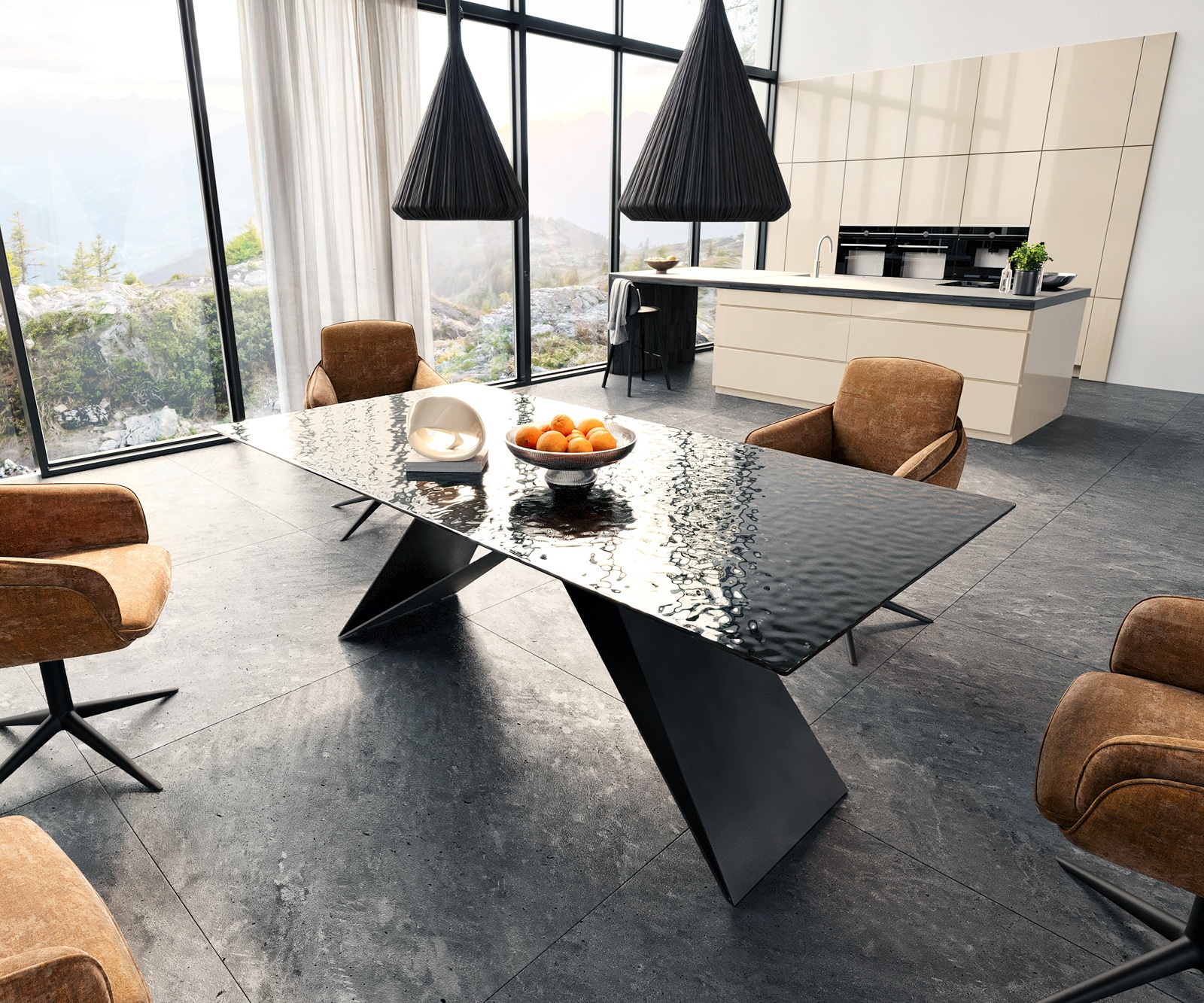 Delife Esstisch Edge 200x100 Reliefglas Rauchschwarz 3D-Design V-Gestell Flachstahl Schwarz