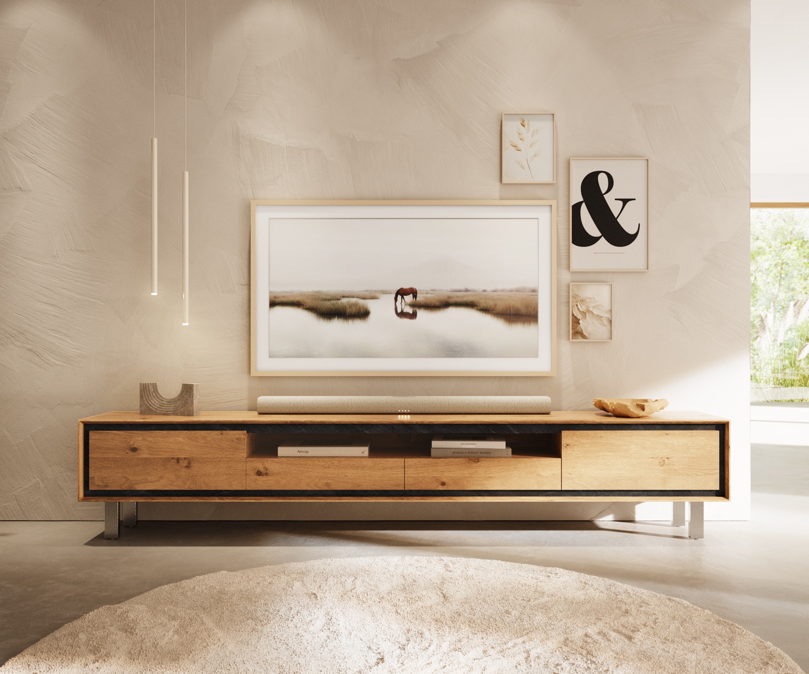 Lowboard Stonegrace 240 cm Eiche Natur 2 Türen 2 Schubladen 1 Fach Fuß Vierkant Edelstahl gebürstet 1 Lowboard Stonegrace 240 cm Eiche Natur 2 Türen 2 Schubladen 1 Fach Fuß Vierkant Edelstahl gebürstet 1