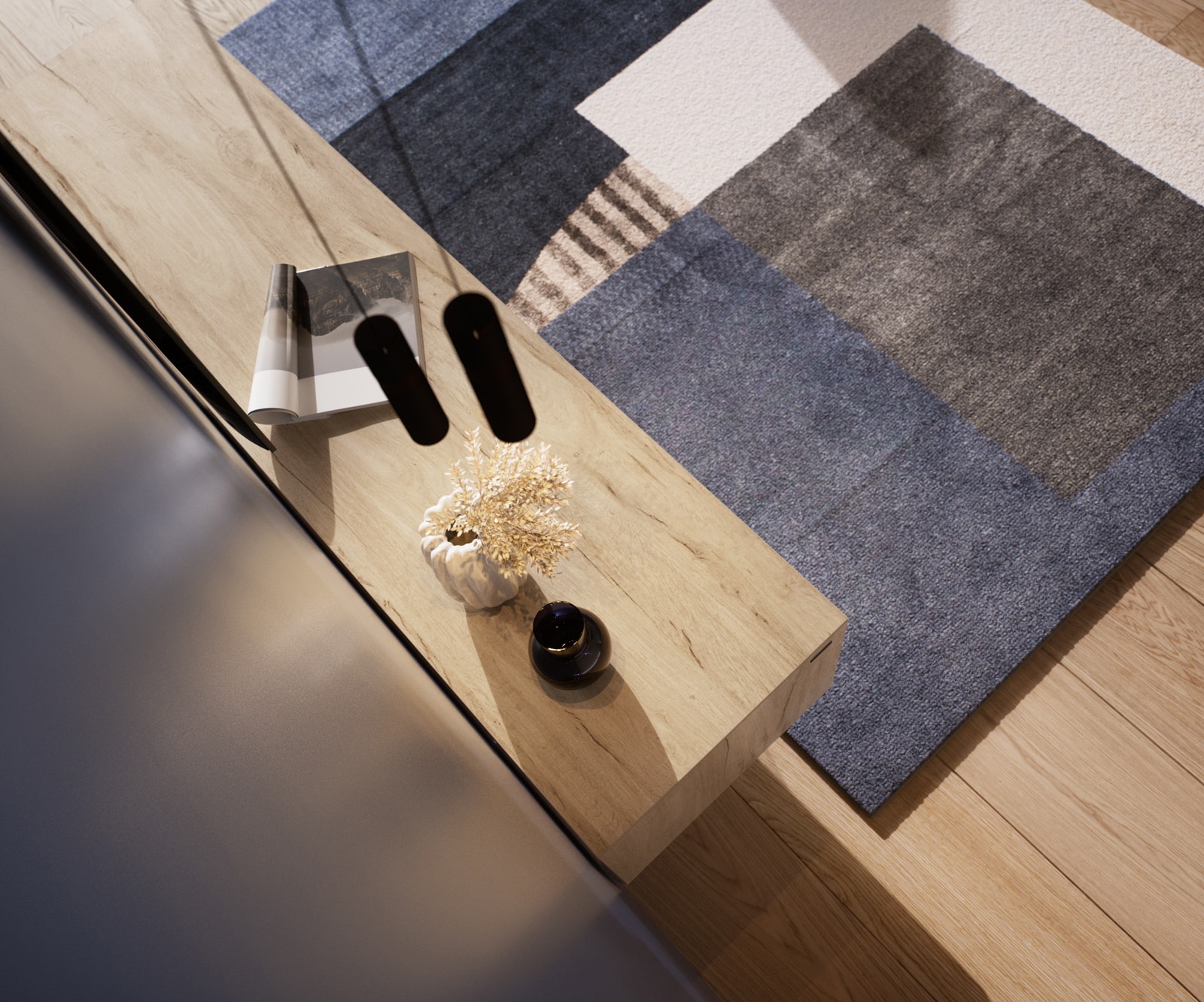 Lowboard Cuor 180 cm Keramik Laminam® Sabbia Eichefarbig 1 Klappe 2 Schubfächer Fuß Schwebeoptik Acrylglas 6