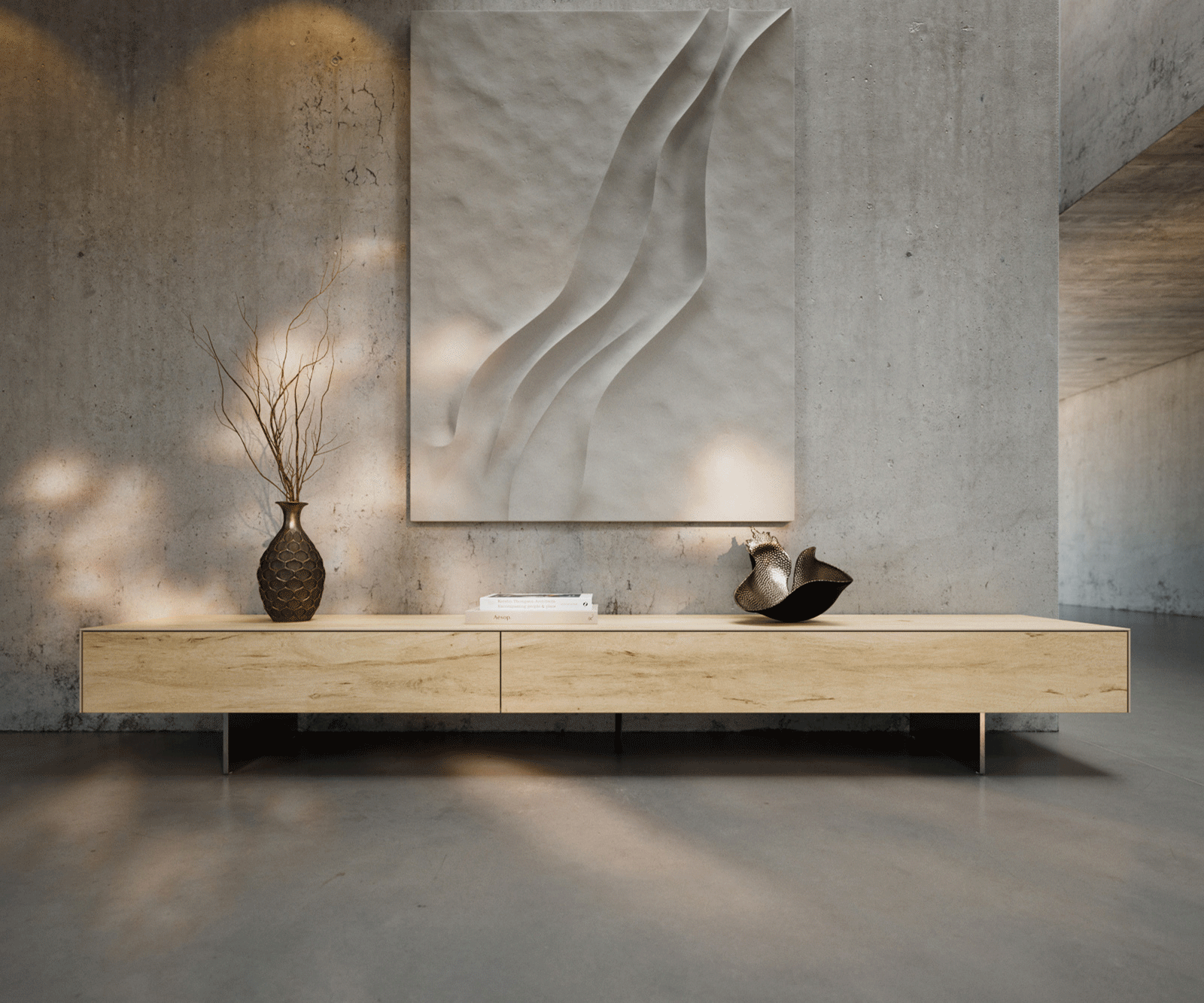 Lowboard Cuor 250 cm Keramik Laminam® Sabbia Eichefarbig 1 Klappe 1 Schubfach Fuß Schwebeoptik Edelstahl 3