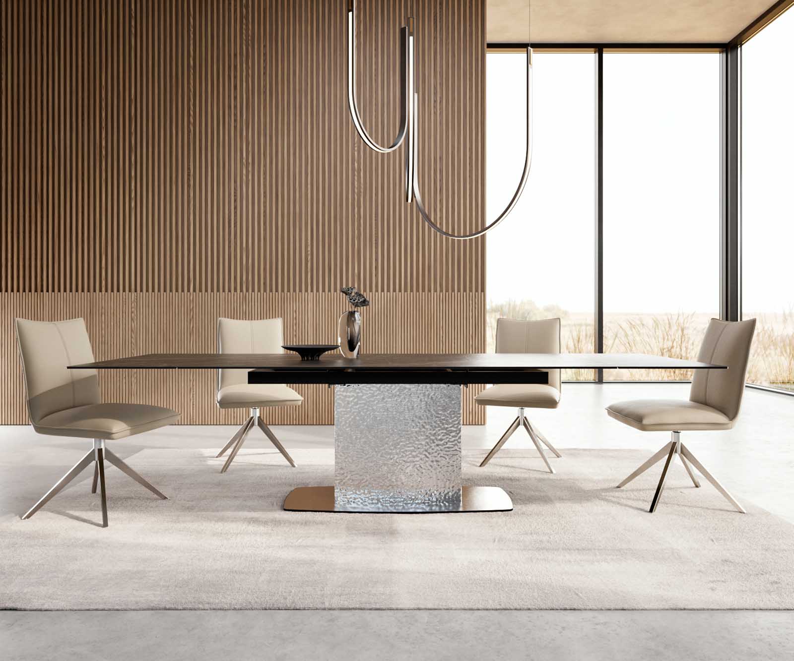 Esstisch Edge 200-300x100 Keramik Laminam®Noir Desir Braun Wave Edelstahl ausziehbar 1