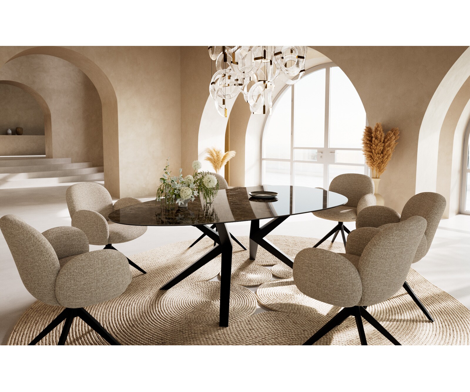 Esstisch Edge Oval 220x120 Keramik Laminam®Emperador Extra Lucidato Dunkelbraun Zenthara kantig Metall Schwarz 6