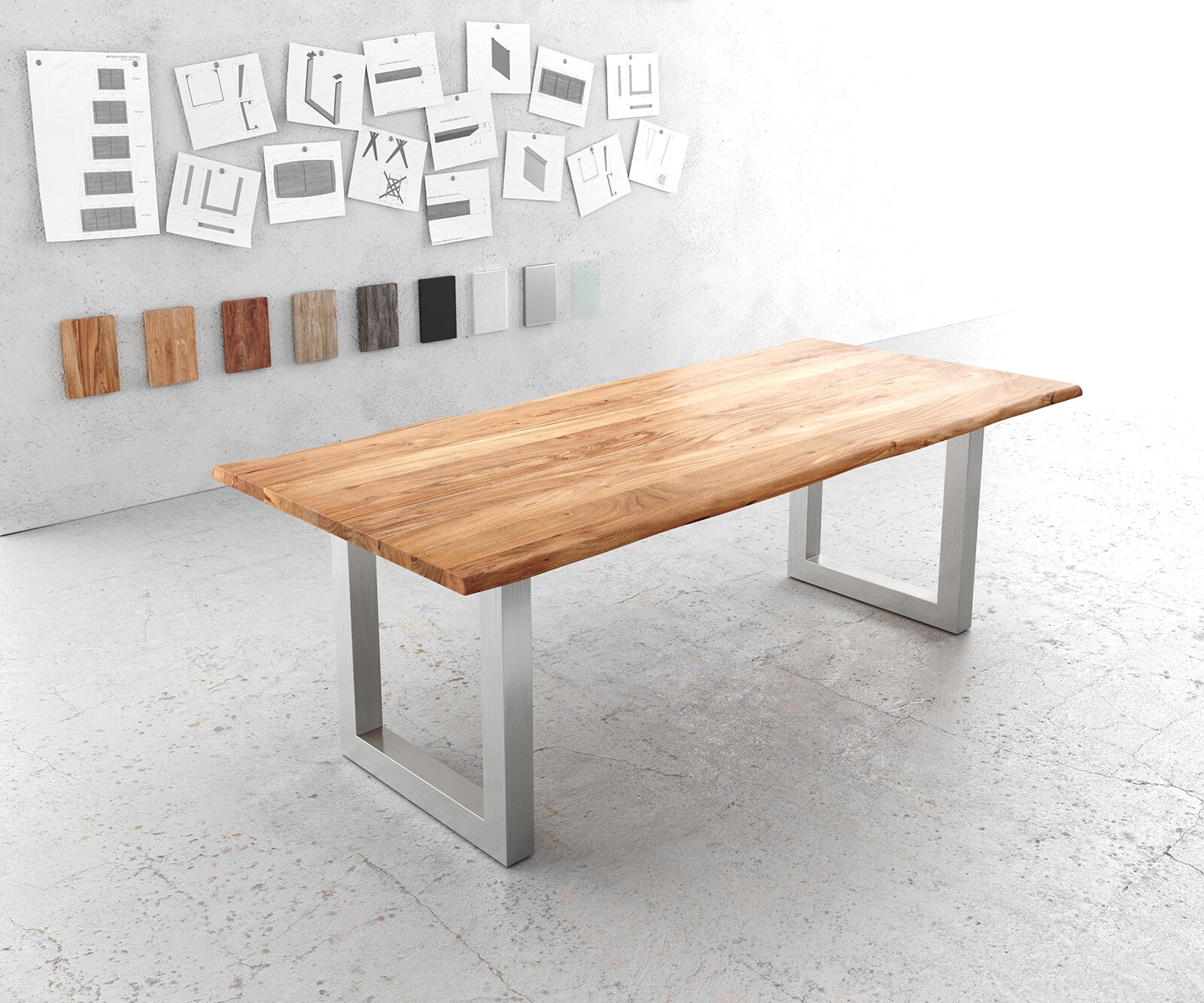 Esstisch Edge 220x100cm Akazie Natur Edelstahl breit Live-Edge