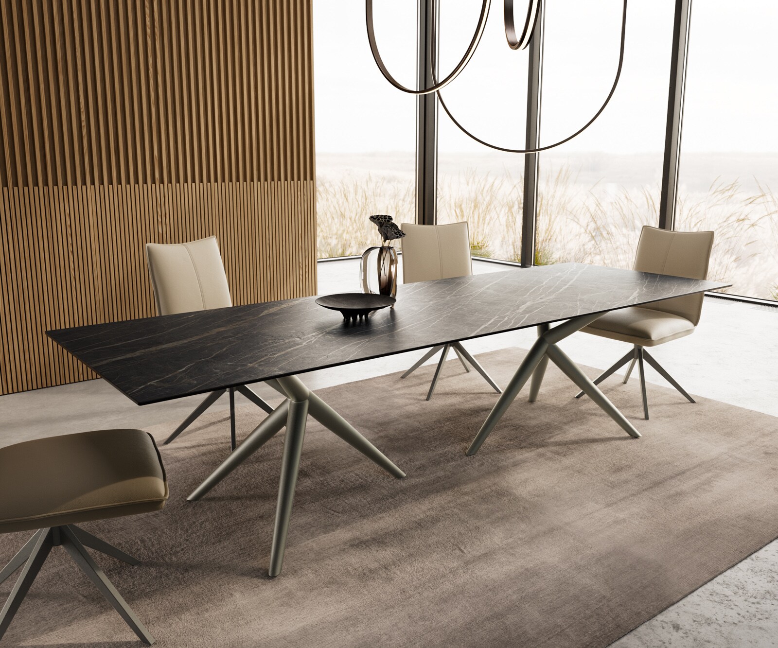 DELIFE Esstisch Edge 300x100 Keramik LaminamNoir Desir Braun Estelar rund Metall Effektfinish Titan