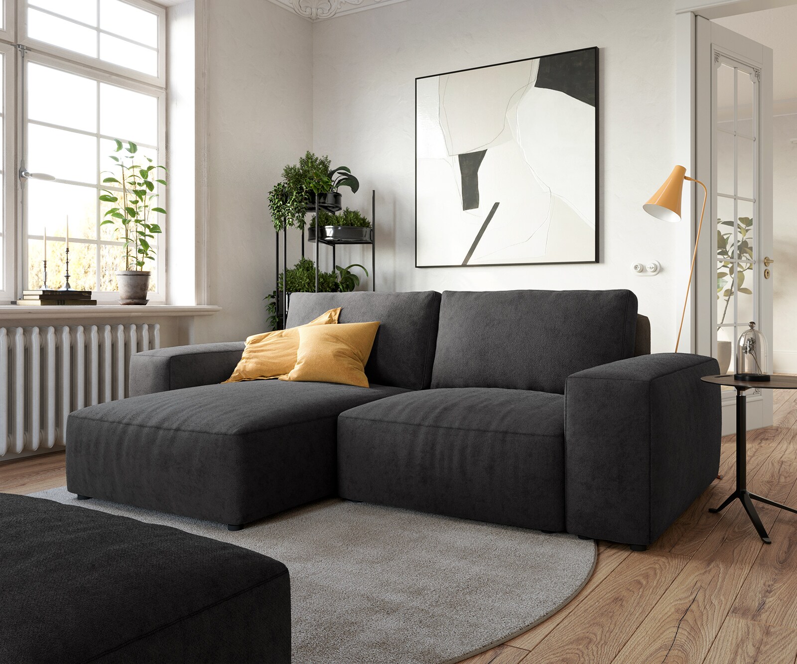 Ecksofa Lanzo 230x155 cm Mikrofaser Schwarz Recamiere variabel mit Hocker
